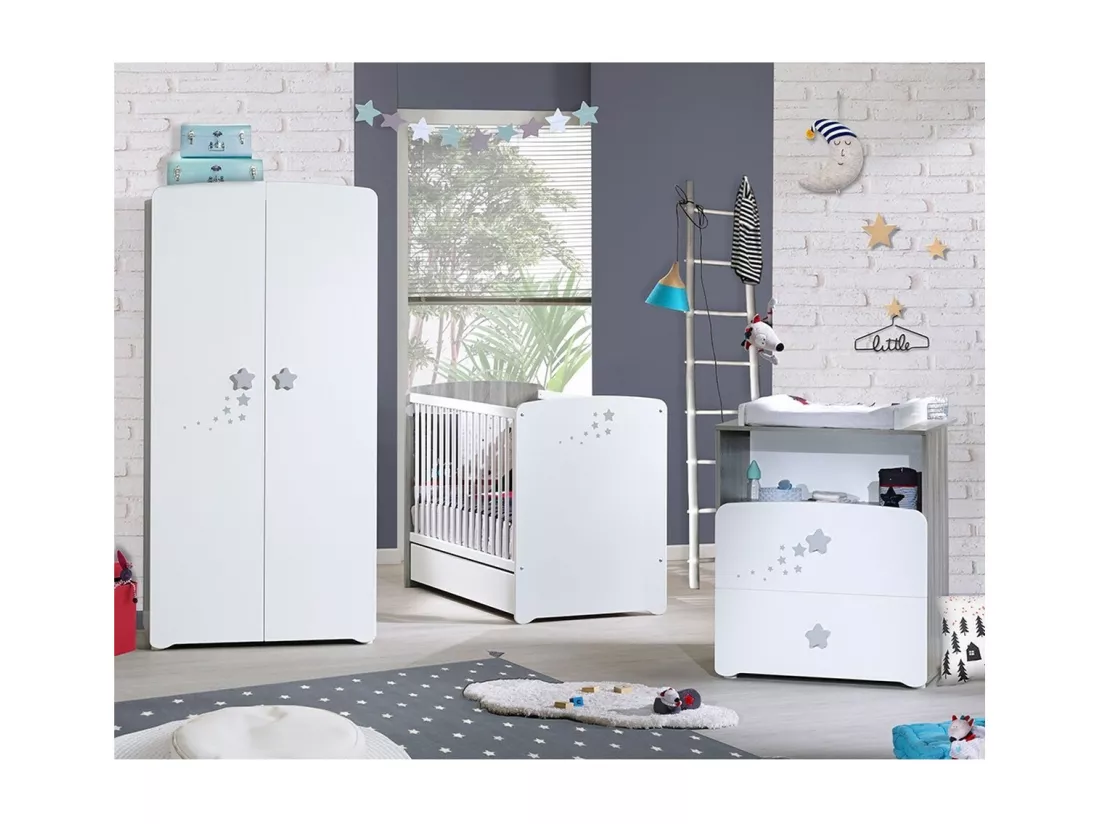 Chambre trio lit et Commode et Armoire en bois blanc