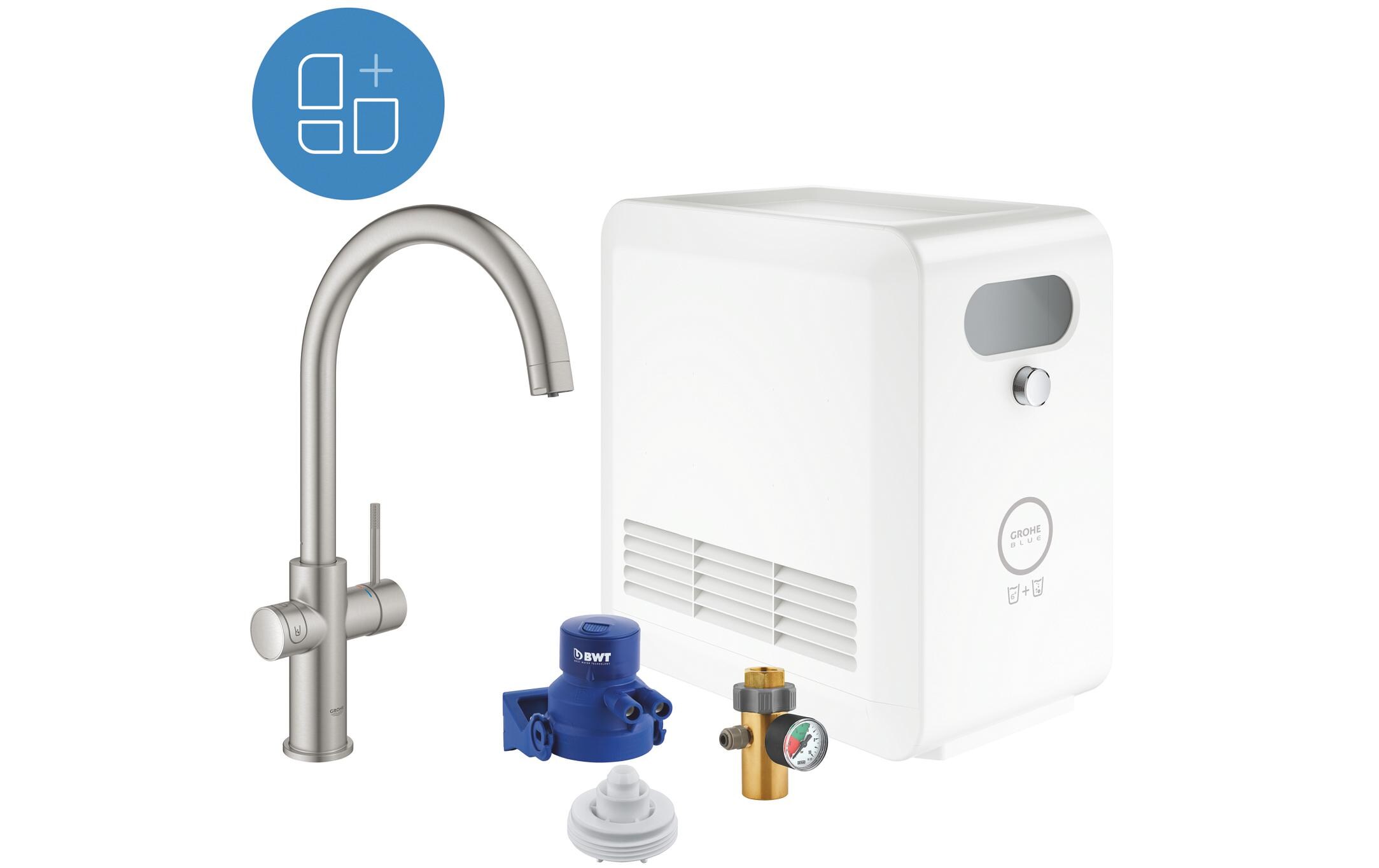 Küchenarmatur Blue Professional C-Auslauf Set Supersteel<br>Einhand-Spültischbatterie mit Filterfunktion