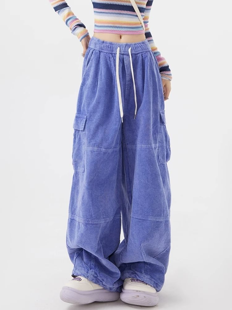 Vhancy - Corduroy cargobroek met lage taille en wijde pijpen