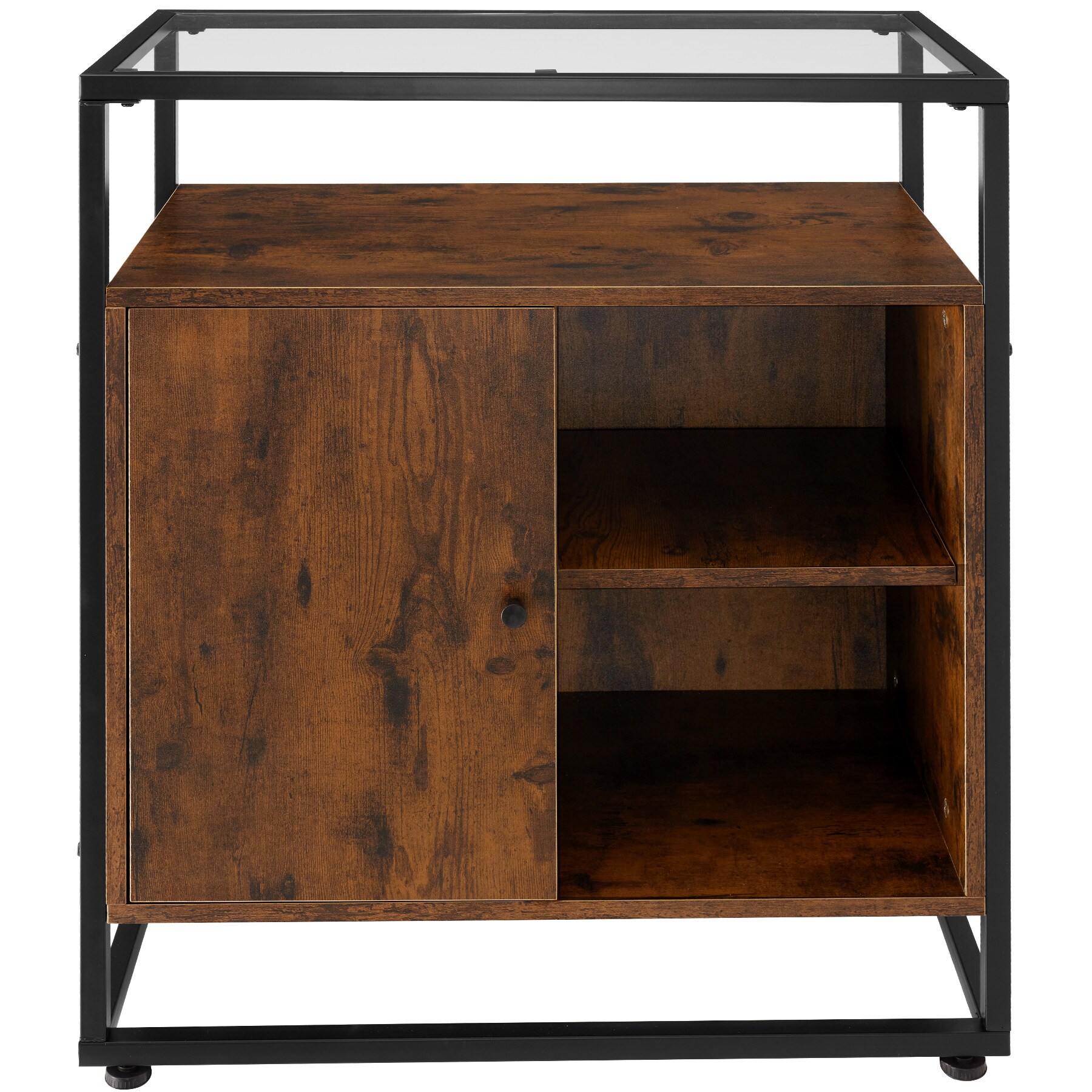 tectake® Kommode, Industrial Style, Glasplatte, offenes Fach, Staufach mit Magnettür und 2 Einlegeböden, 70 x 38 x 80,5 cm