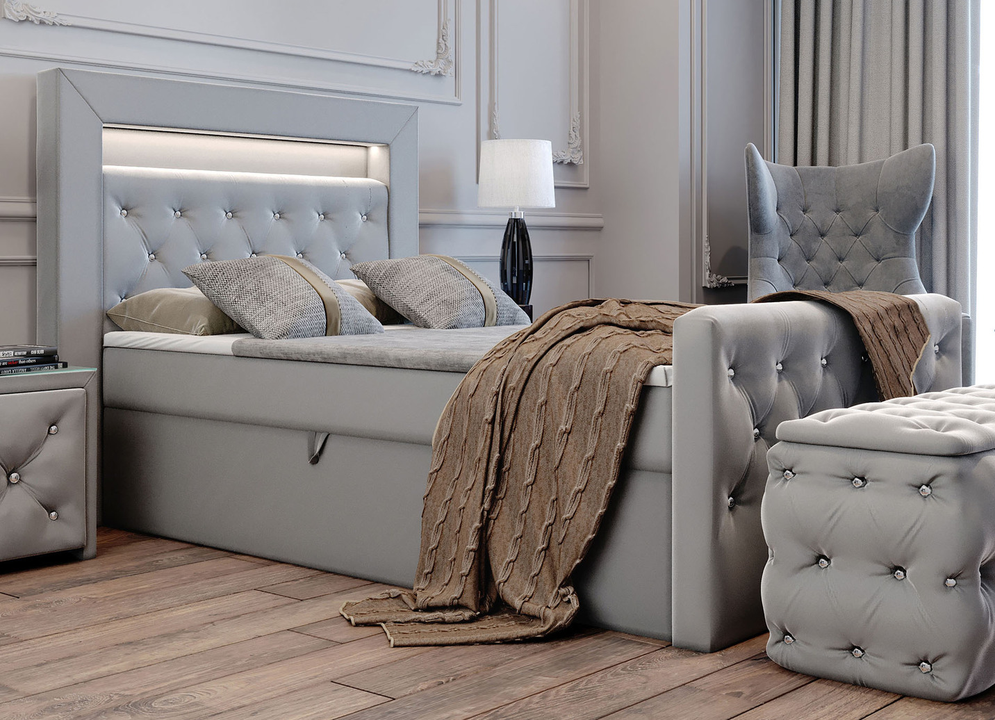 Boxspringbett mit LED-Beleuchtung und Topper