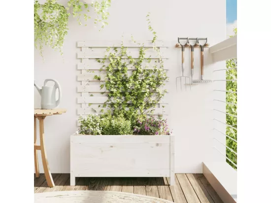 Jardinière avec support blanc 79x39,5x114 bois de pin massif