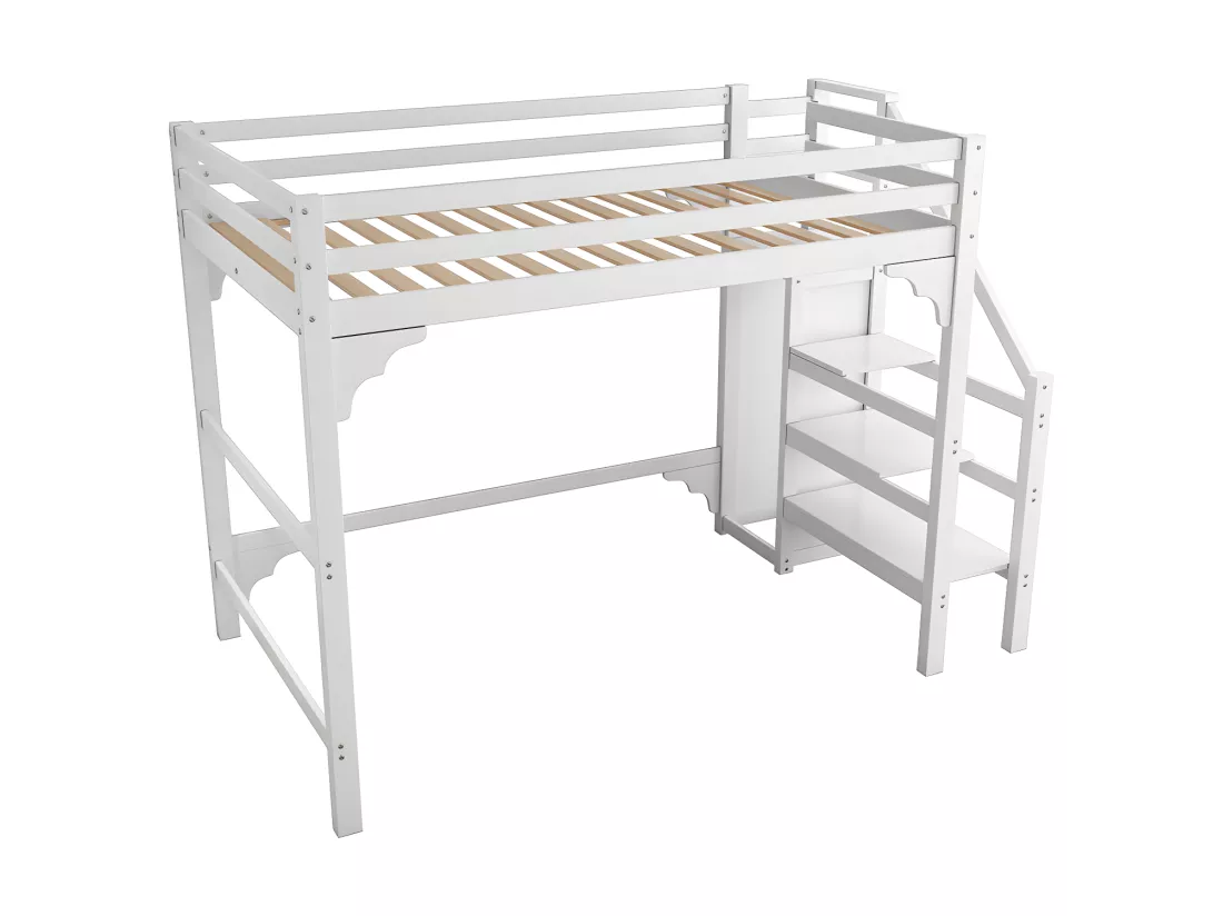 Lit mezzanine 140x200cm en bois - avec penderie et sommier à lattes - Blanc