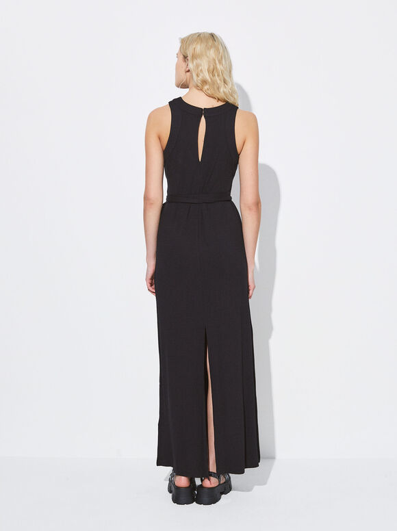 Vestido longo com cinto e laço - Preto