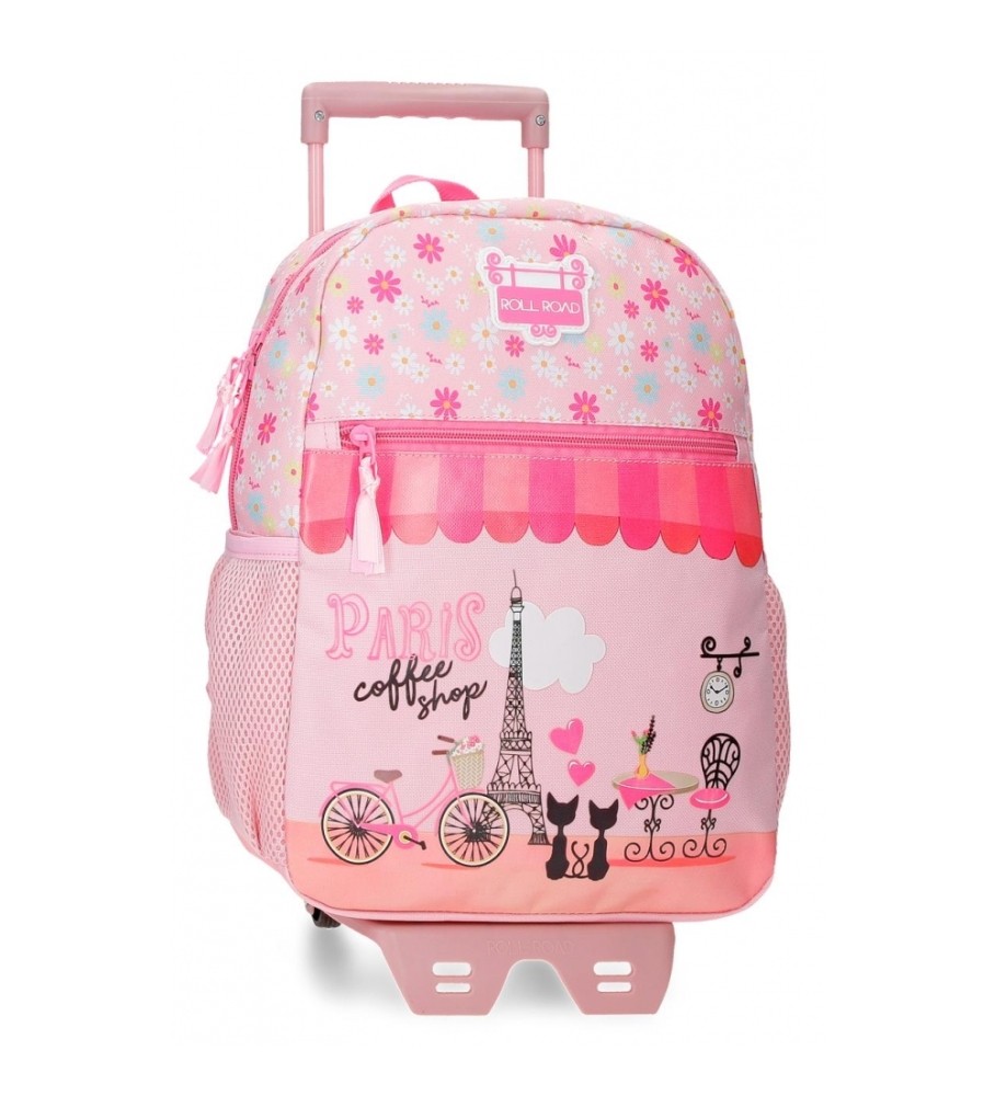 Mochila Roll Road Coffee Shop 33cm com carro rosa