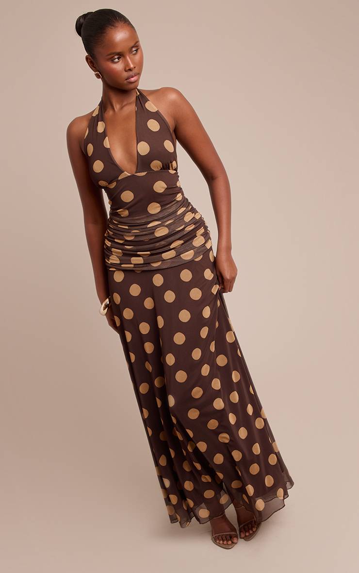 Jaune Robe Longue Dos Nu À Pois Avec Encolure Américaine