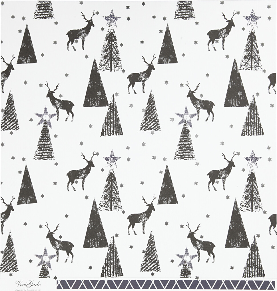 Designpapir - Kronhjort Og Mønster - 30,5X30,5 CM - 180 G - Sort Sølv Hvid - 3 Ark