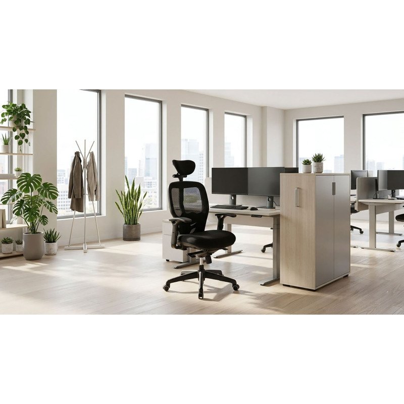 Chaise de bureau ergonomique Mikado tissu et maille noir - dossier haut accoudoirs appui-tête soutien lombaire - mécanisme Synchrone - pieds noir