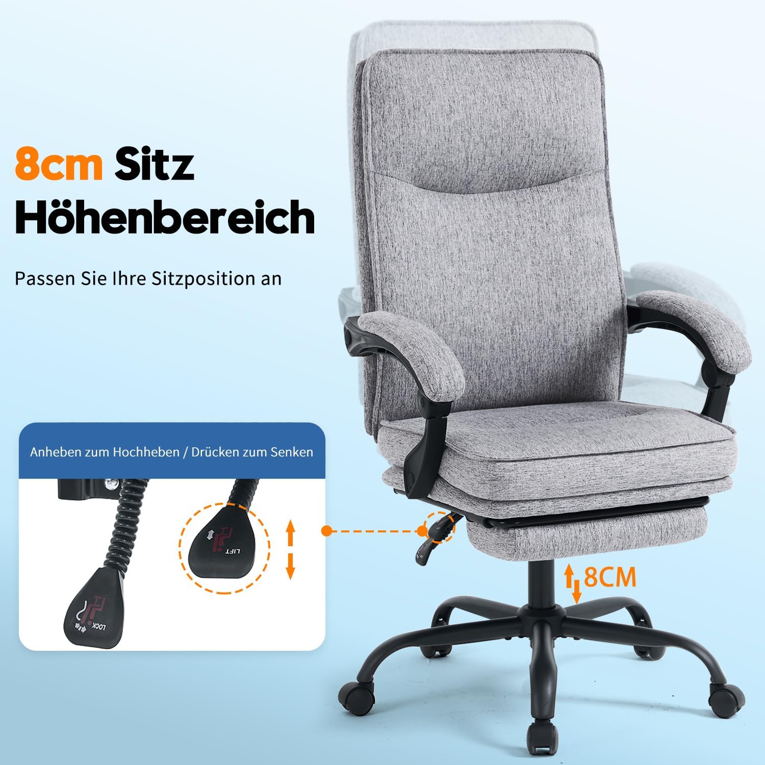 Ergonomischer Bürostuhl mit Liegefunktion, Fußstütze, 90°-135° Neigbar Schreibtischstuhl, Synchronisierte Armlehnen, Belastbar bis 150kg, Hochlehner Chefsessel, Breite Sitzfläche, Stoff, Grau