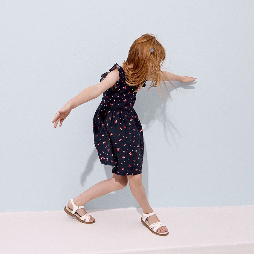 Robe manches courtes volantées imprimé floral pour fille - Bleu marine