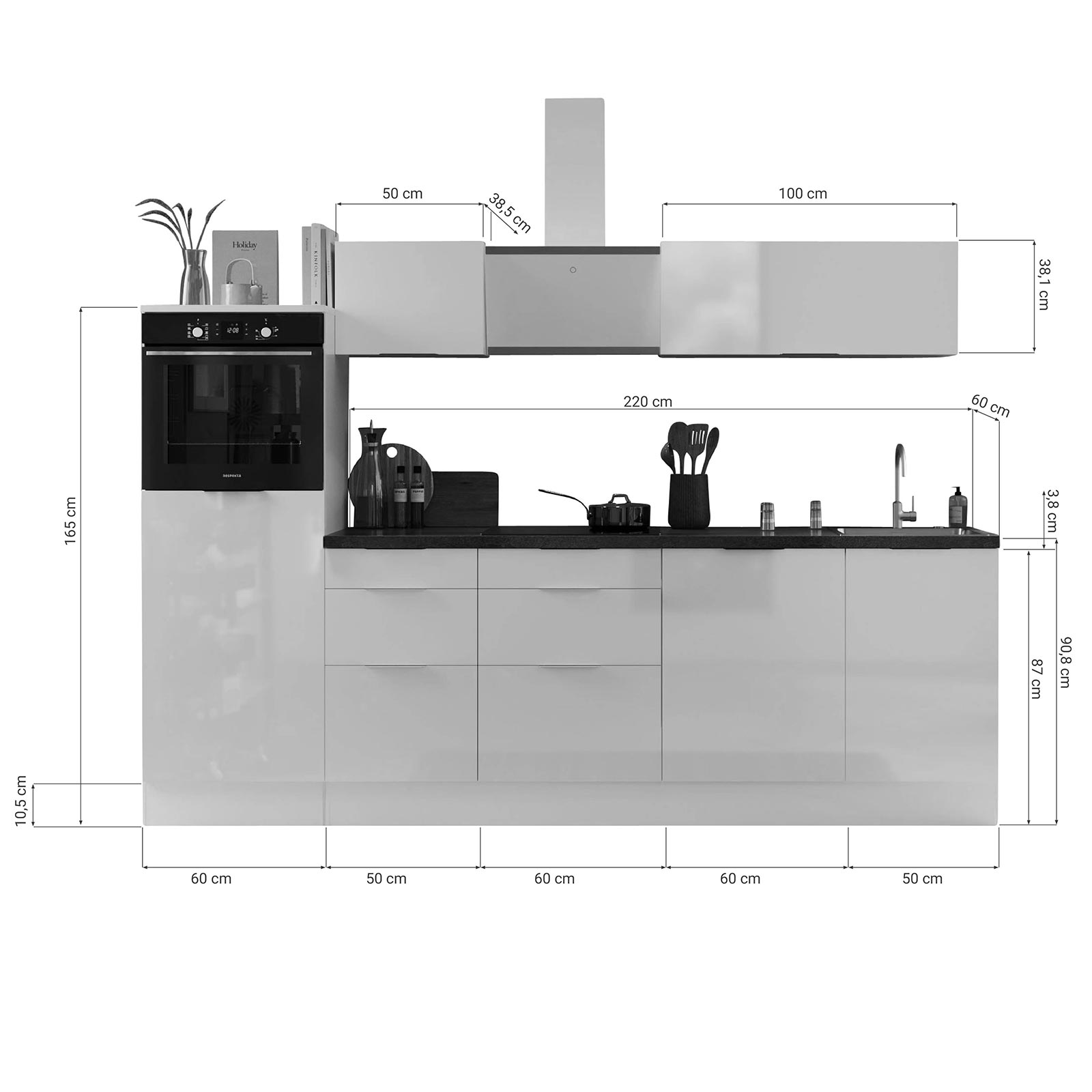 RESPEKTA Küchenblock - weiß Hochglanz - weiß matt - mit E-Geräten - 280 cm