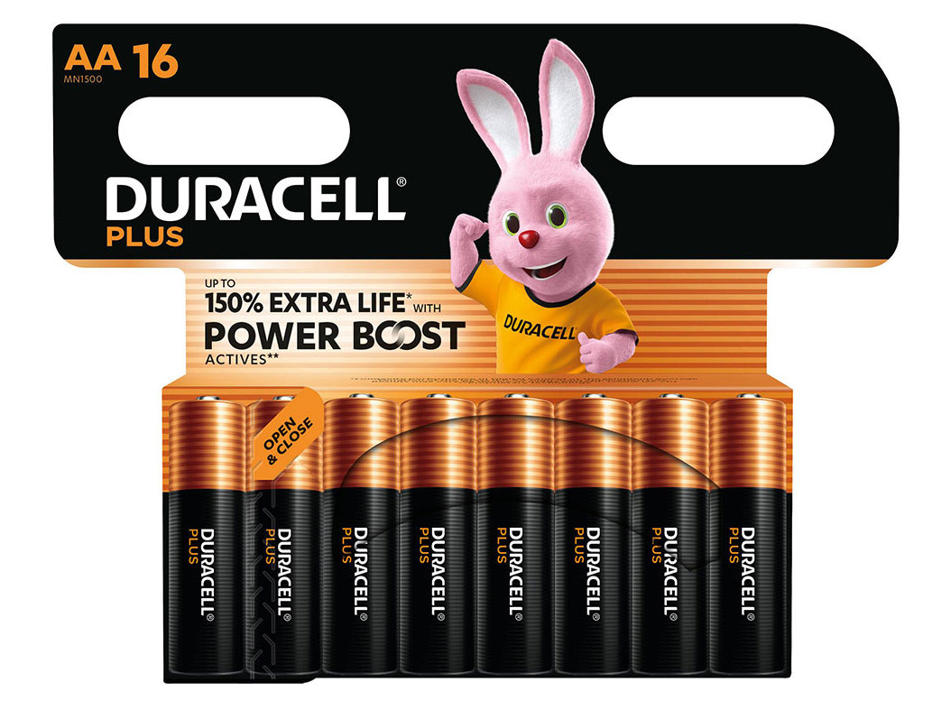 CONJUNTO DE PILHAS ALCALINA DURACELL PLUS AA 16 UNIDADES