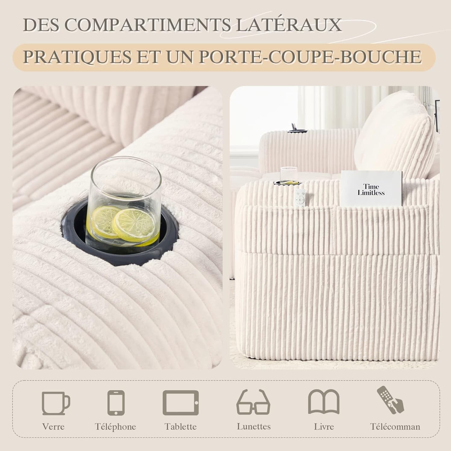 Canapé en Velours côtelé Moderne avec 3 Coussins, 2 Poches latérales, Canapé de Loisirs Modular 4 Places avec 2 Porte-gobelet, Canapé d'angle pour Salon, Bureau (Beige) FE3519670