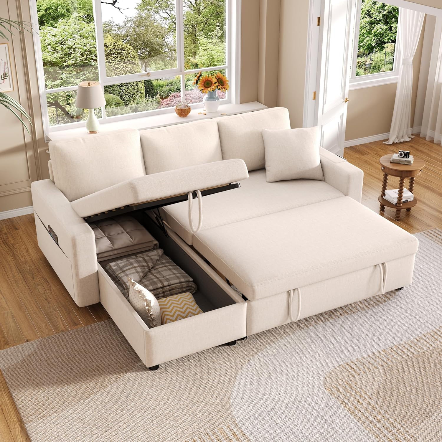 Schlafsofa mit Schlaffunktion, L-förmiges Sofa, Sofa-Chaiselongue mit Stauraum, mit Taschenaufbewahrung, Wohnzimmer-Schlafsofa, Links und rechts austauschbare Chaiselongue
