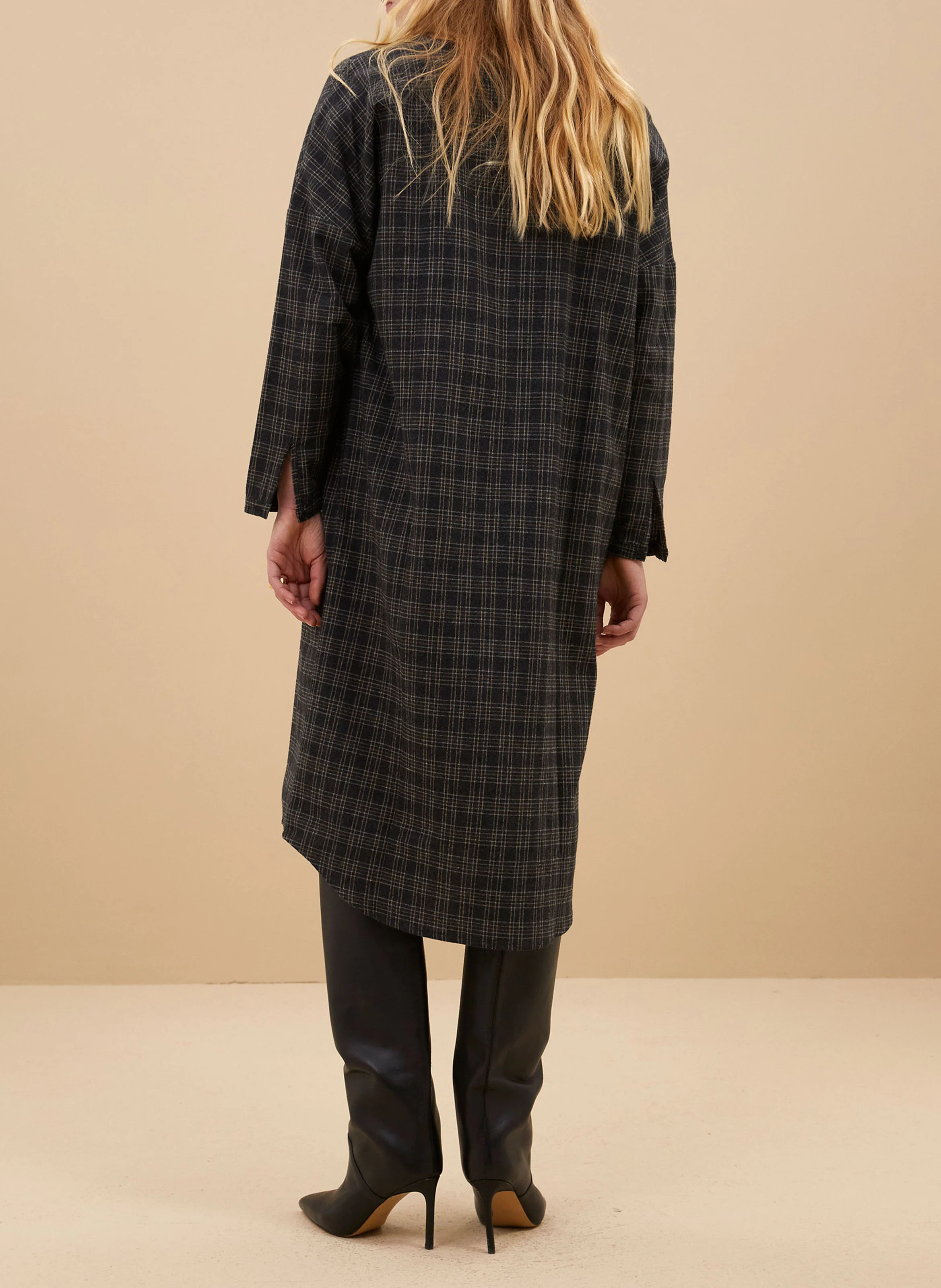Robe midi col chemise à carreaux | Gris