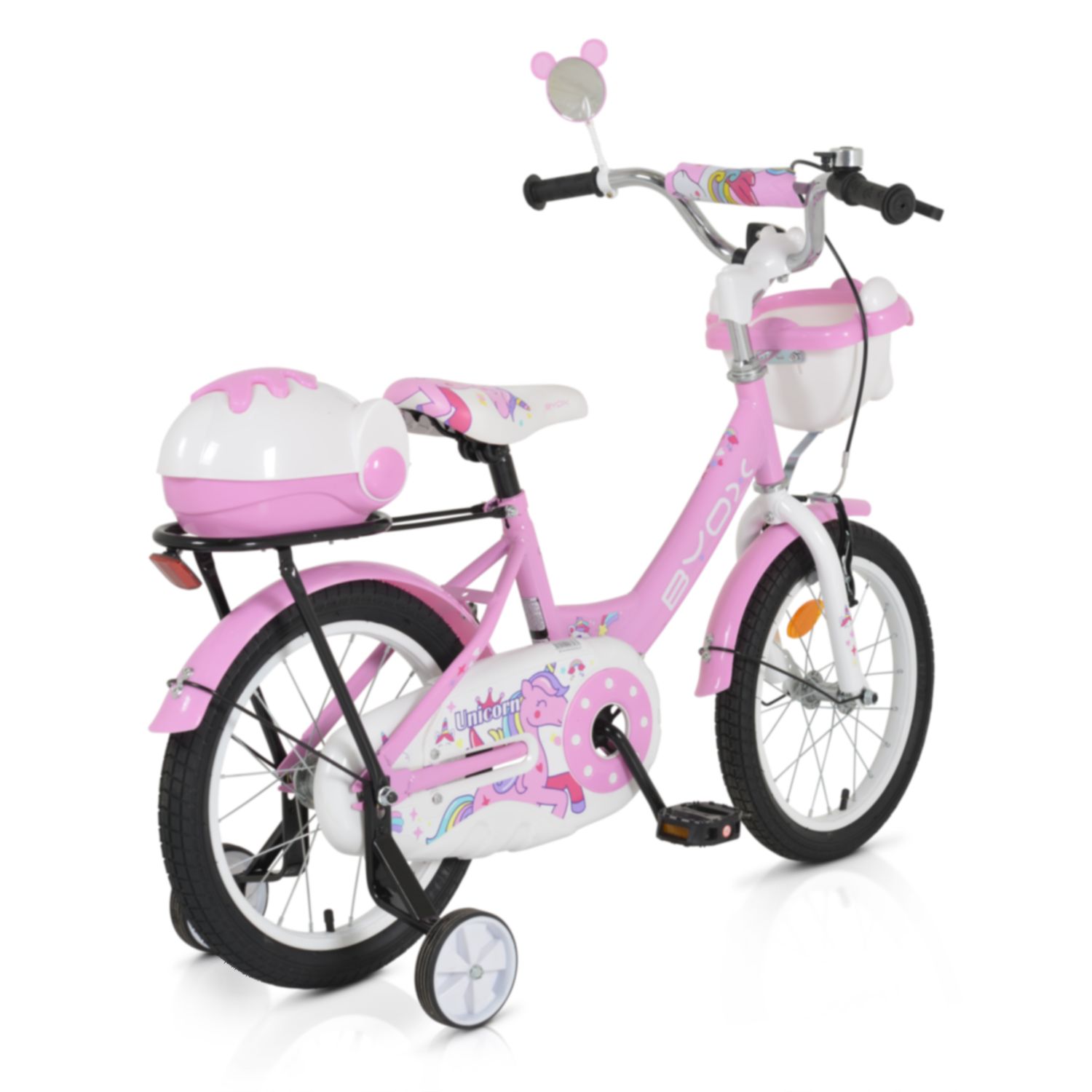 Byox Kinderfahrrad 16 Zoll 1602, Stützräder, höhenverstellbar, Klingel, Körbe rosa