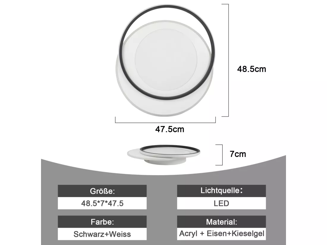 NETTLIFE Plafonnier LED Noir Blanc Rond 66W Moderne 48,5 cm Dimmable avec Télécommande Lampe de Salon pour Chambre Cuisine Couloir