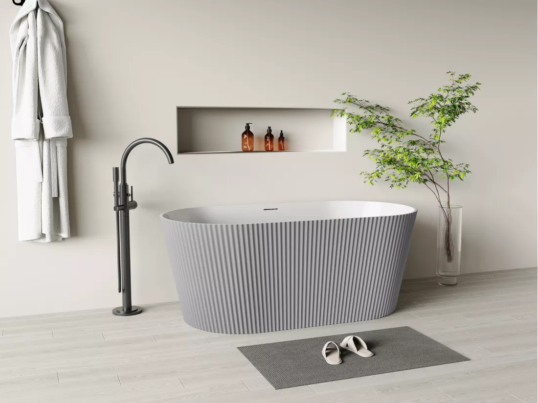 Baignoire îlot striée - 255 L - 149 x 73 x 58 cm - Gris mat - Acrylique - COBIANA