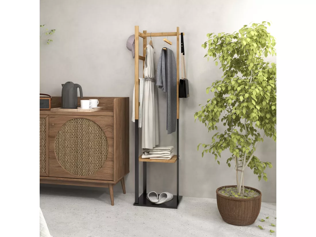 Portant pour vêtements en bambou, Porte-manteau en Bois avec tringle, étagères, patère, 4 barres latérales dim. 46L x 28,5l x 153,5H cm