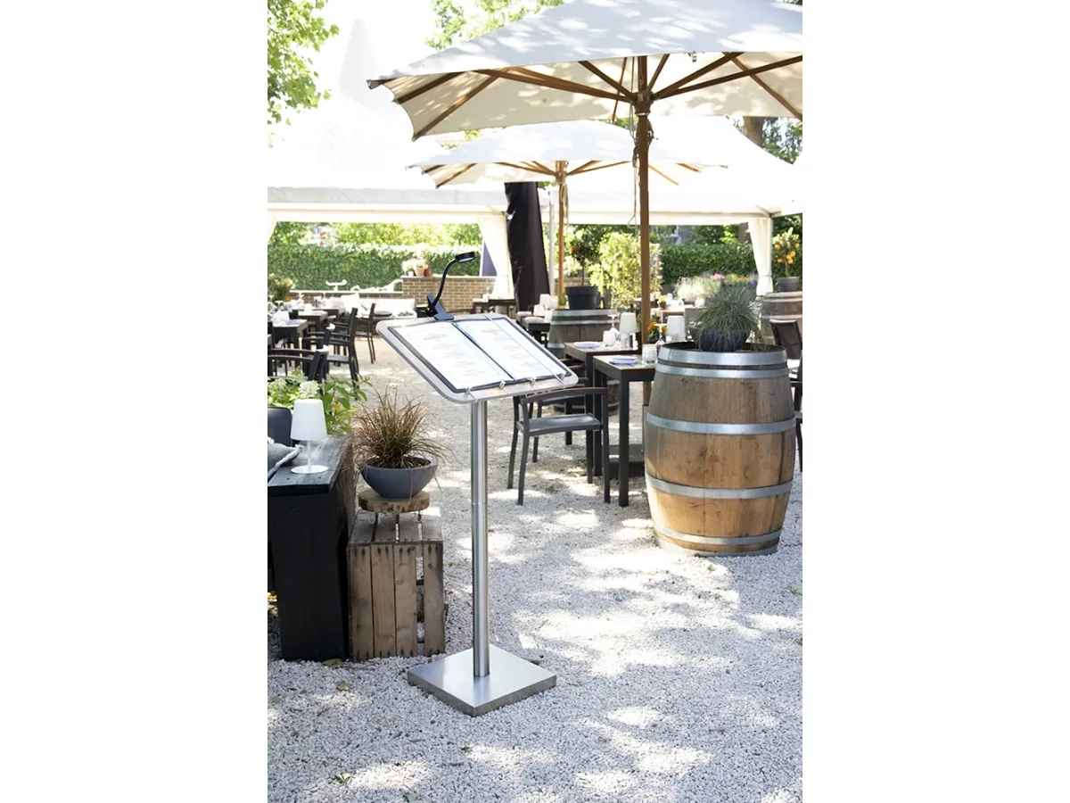 Securit® MENU STAND i rustfrit stål og teak