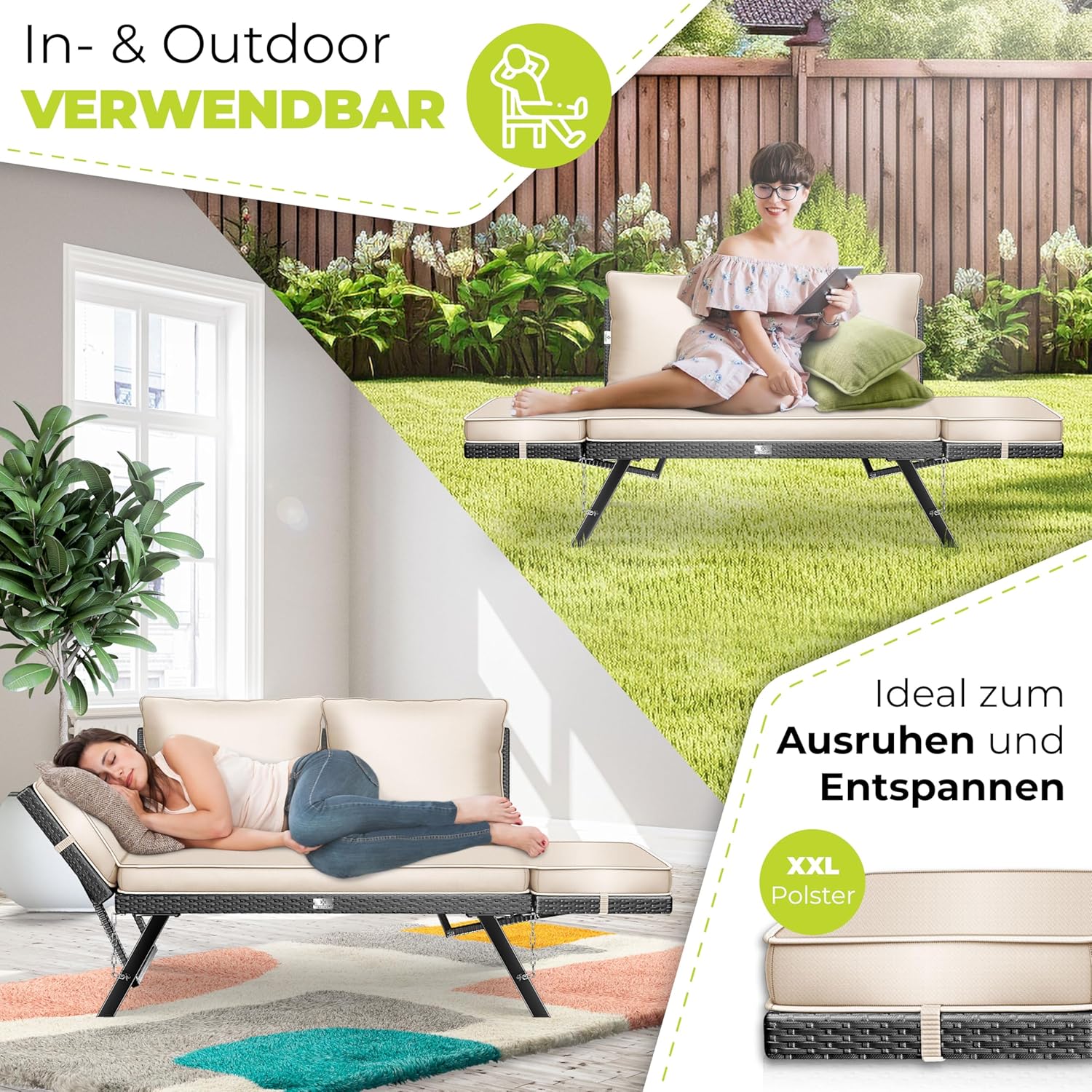 KESSER® Gartenbank Polyrattan Luna mit Liegefunktion Gartensofa 4 in 1 Verstellfunktion Gartencouch Wetterfest Balkonsofa Verstellbare Armlehnen, Extra Dicke & Weiche Polsterung Garten/Balkon/Terrasse
