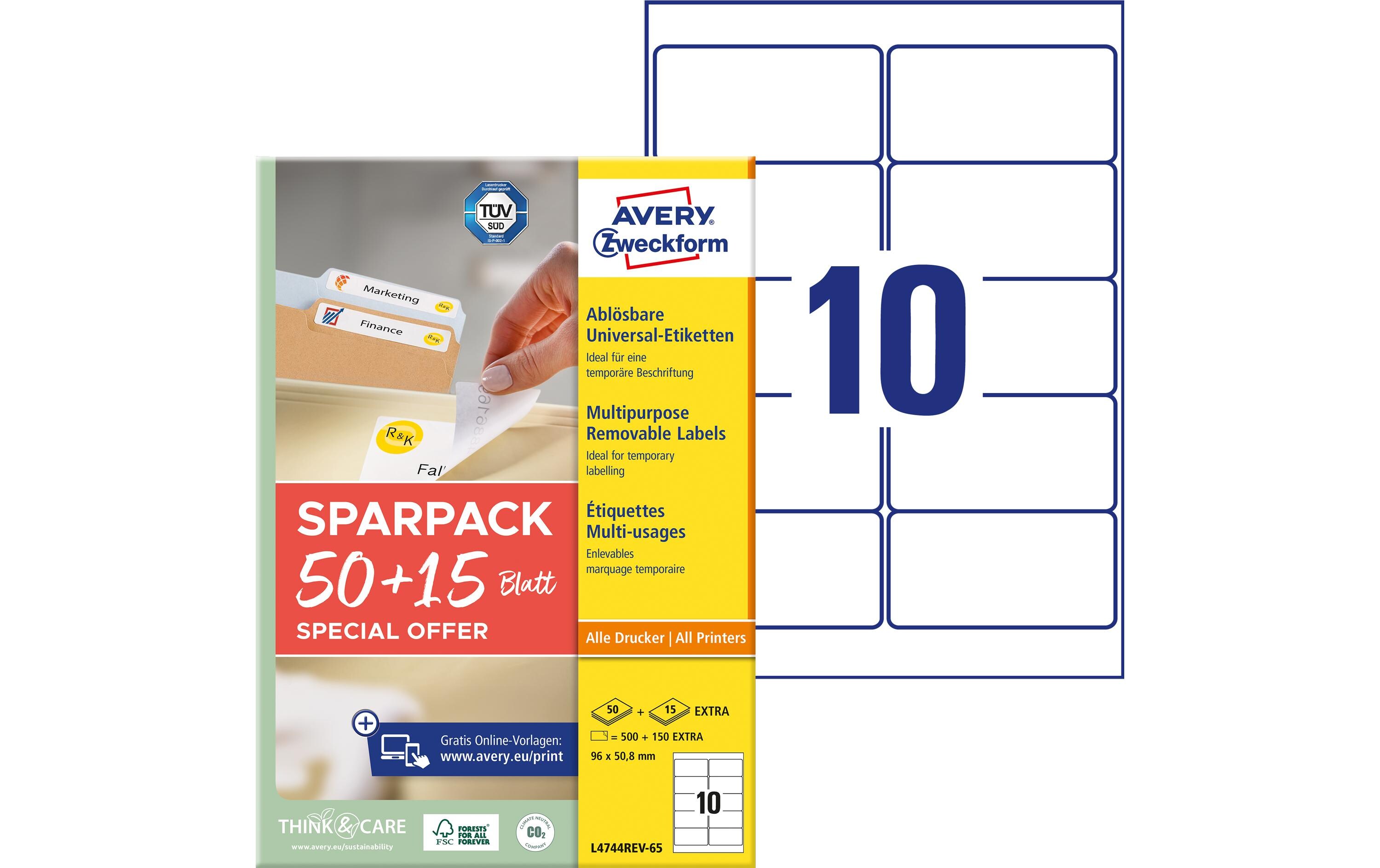 Universal-Etiketten L4744REV-65, 96 x 50.8 mm, 65 BlattAblösbare Etiketten
