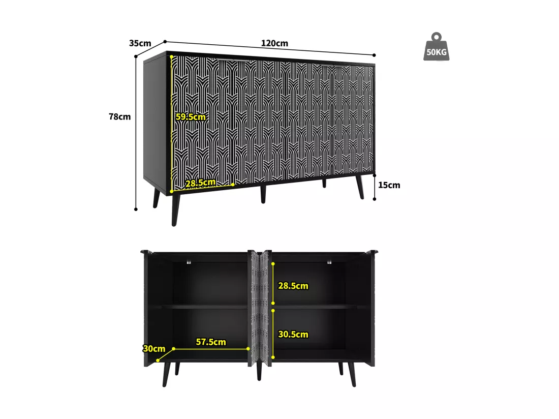 Buffet moderne avec 4 portes sculptée - 120 x 35 x 78 cm - MDF - pour salle à manger et salon - Noir