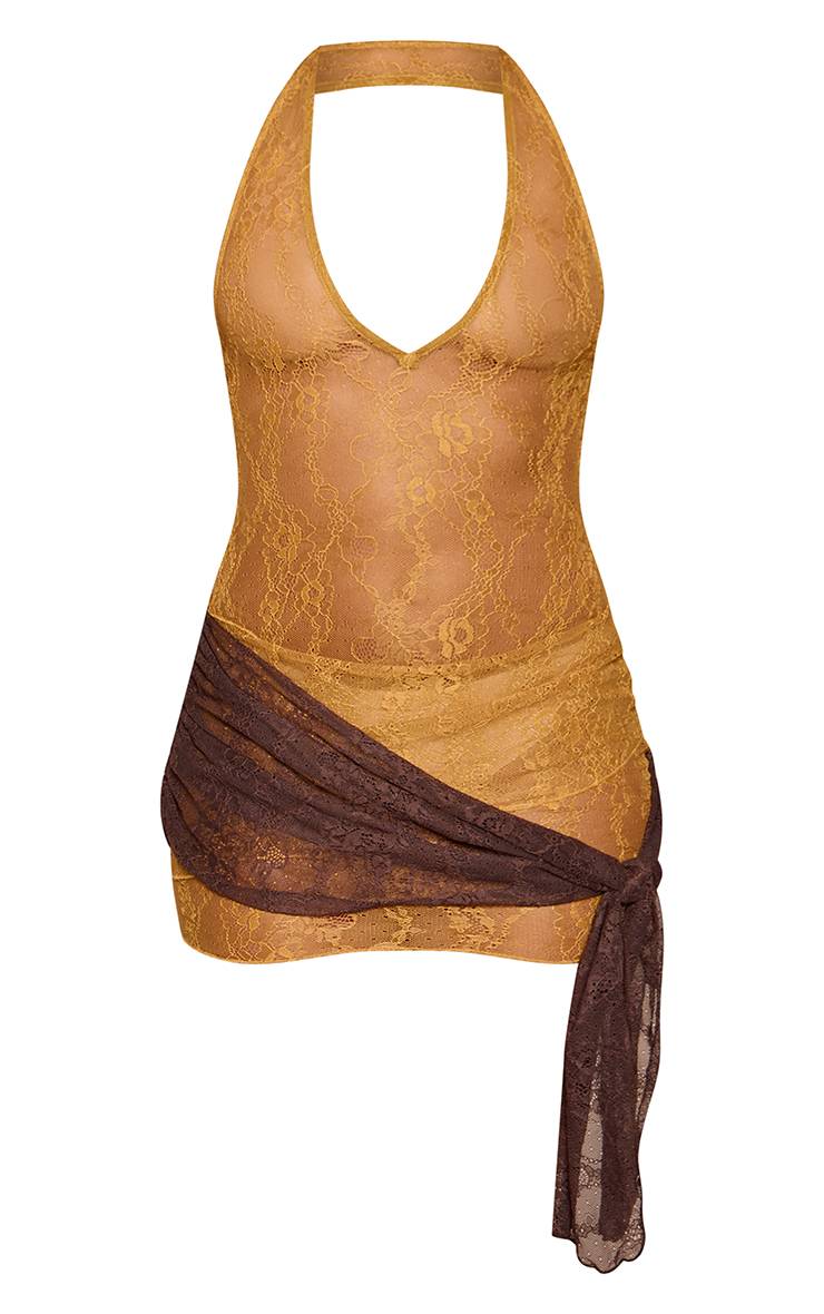 Vert Olive Robe Mini Moulante En Dentelle Contrastée Avec Col Bénitier Et Détail Cache-cœur