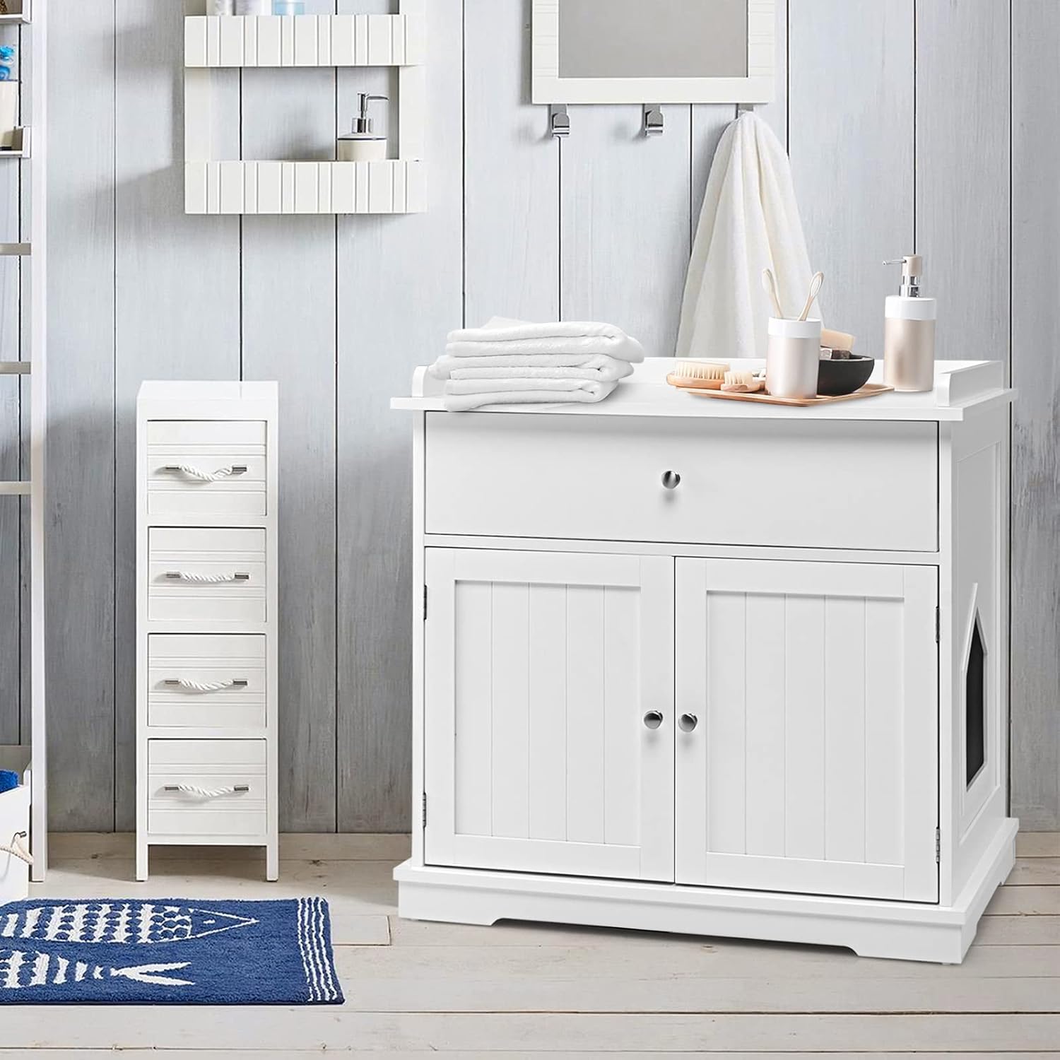 COSTWAY Katzenschrank mit Schublade & Tür & Eingang, 3-in-1 Katzenhaus Katzentoilette Beistelltisch, Schrank Katzenklo Katzenkommode, Katzenhöhle Haustierbox, Katzenmöbel (Weiß)