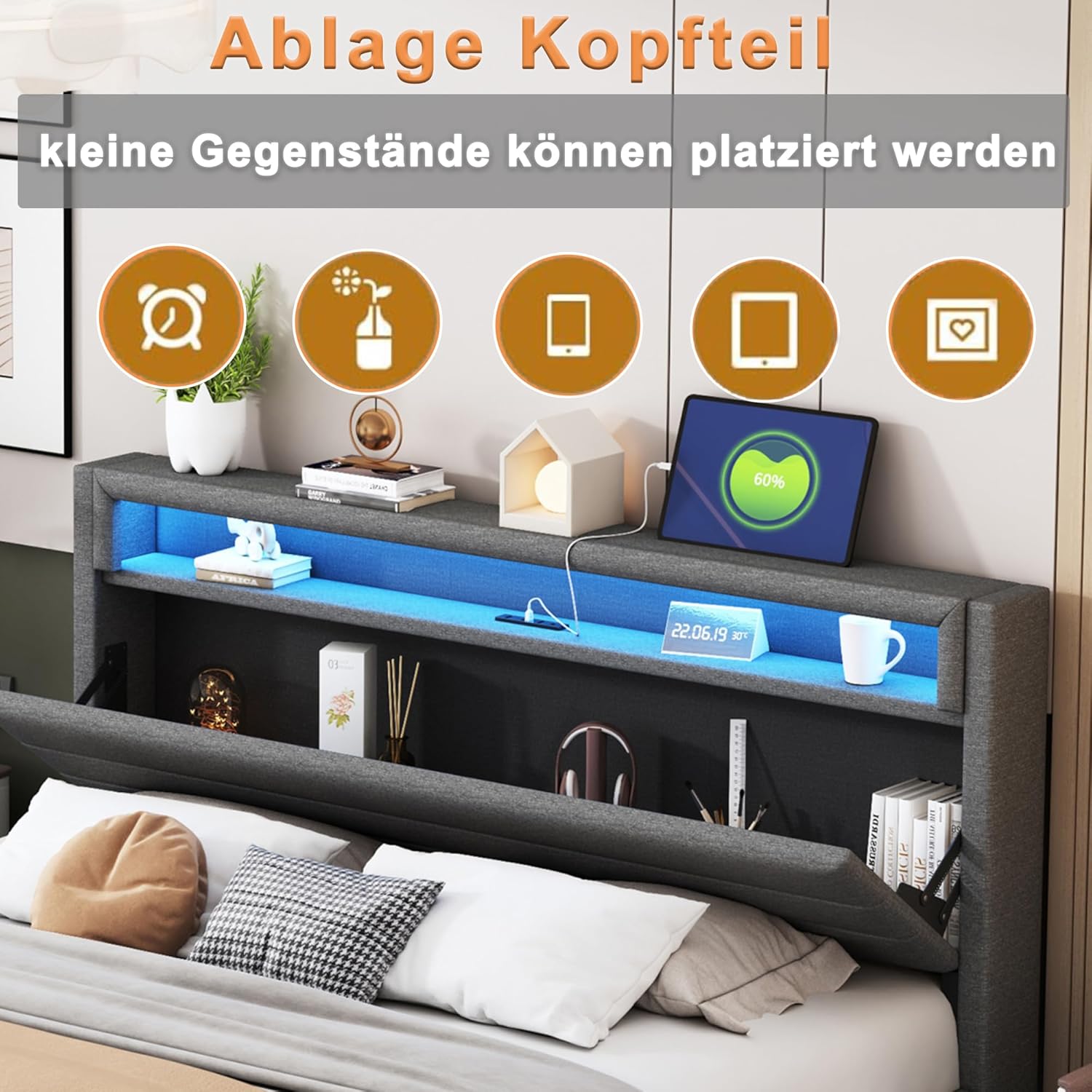 Polsterbett 160x200 cm, Doppelbett Funktionsbett mit USB-Steckdose und LED-Beleuchtung, Hängebett Kopfteil mit Verdeckter Stauraum, Bettgestell Bett mit Lattenrost, Leinen, Ohne Matratze, Grau