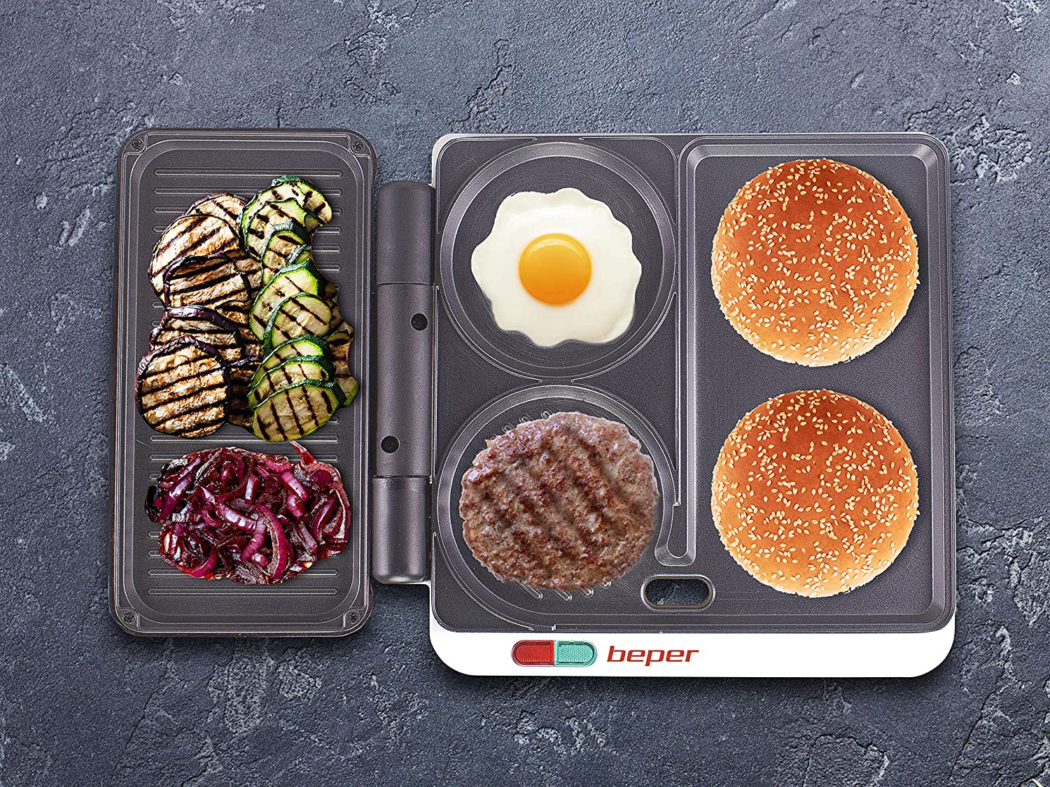 Beper P101CUD500 Multifunktionsgrill in Rot mit Antihaft-Beschichtung & 4 Kochflächen