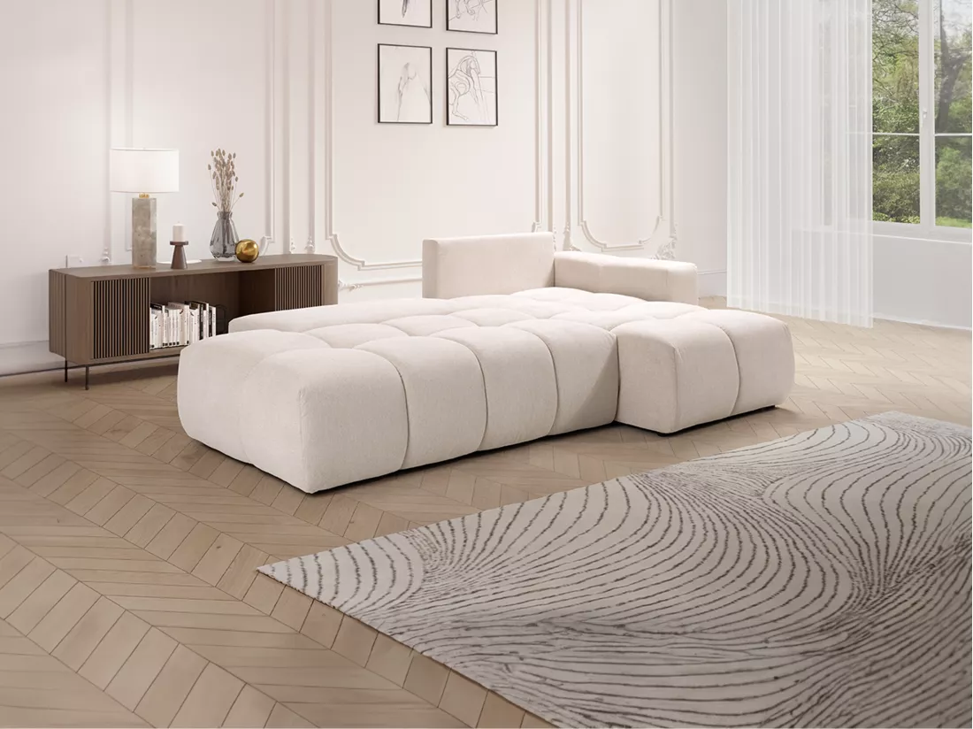 Canapé d'angle droit convertible en tissu texturé beige TRIMALDI