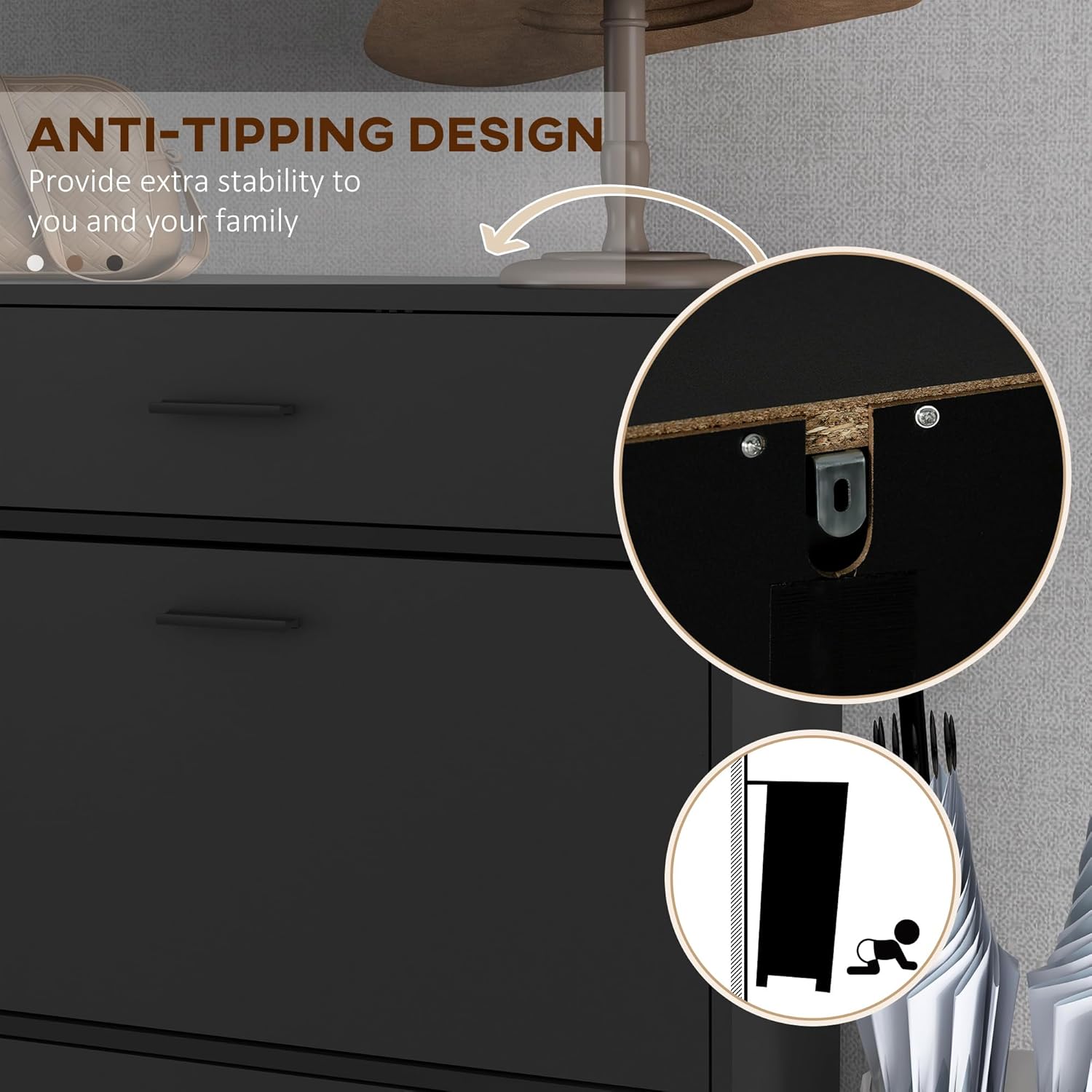 HOMCOM 3 Drawer Shoe Cabinet with 2 Flip Doors, Sliding Out Drawer and Adjustable Shelf for 12 Pairs of Shoes, Narrow Shoe Storage Cabinet for Hallway, Entryway, Black