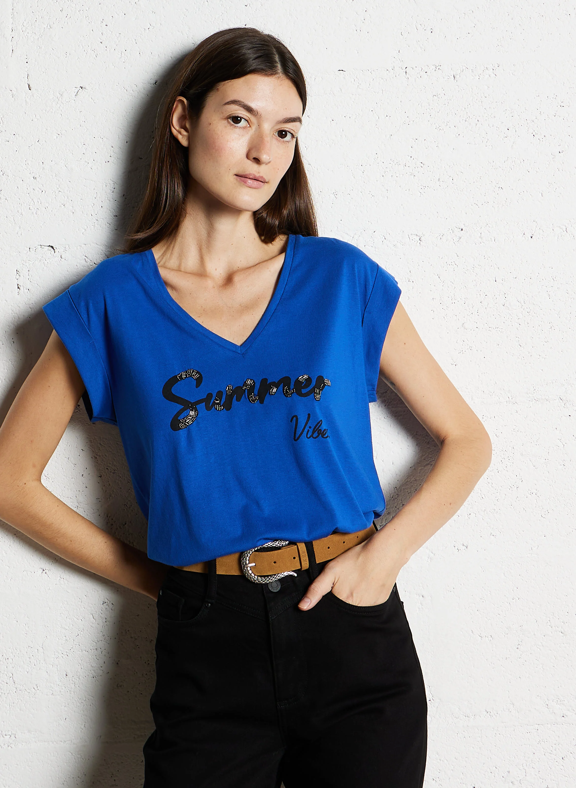 Tee-shirt col V imprimé | Bleu
