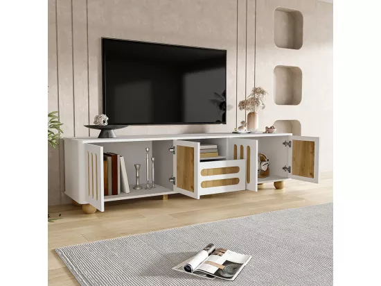 Meuble TV, avec 4 portes, 1 tiroir et éclairage LED, 180 x 40 x 47 cm, blanc
