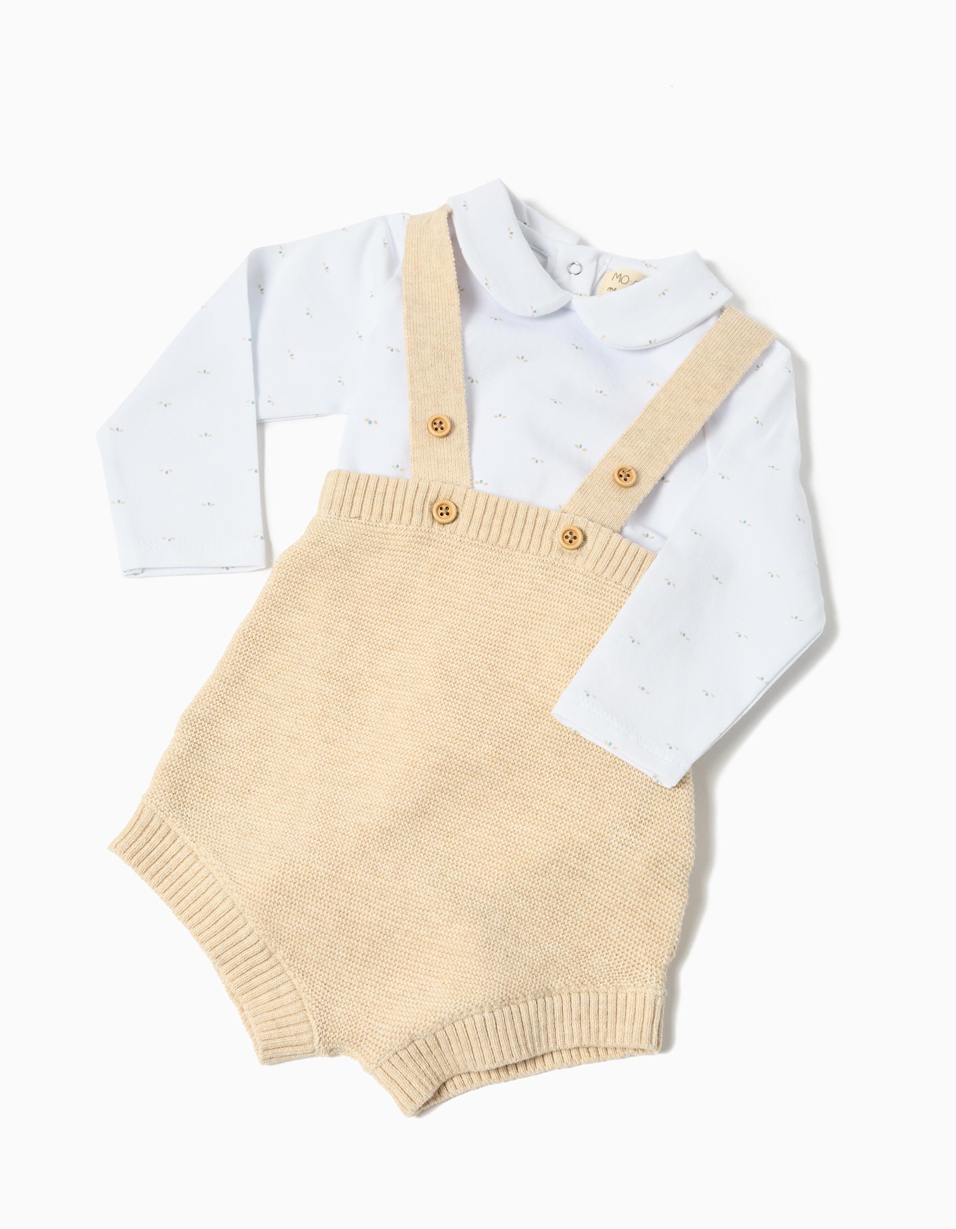 Conjunto Body e Jardineiras, Recém-Nascido, Bege Claro