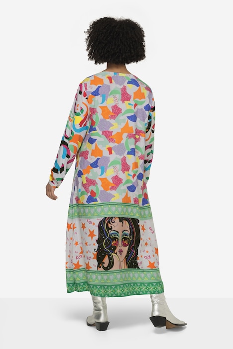 Kleid, Midilänge, Patch-Druck, Tunika-Ausschnitt, Langarm