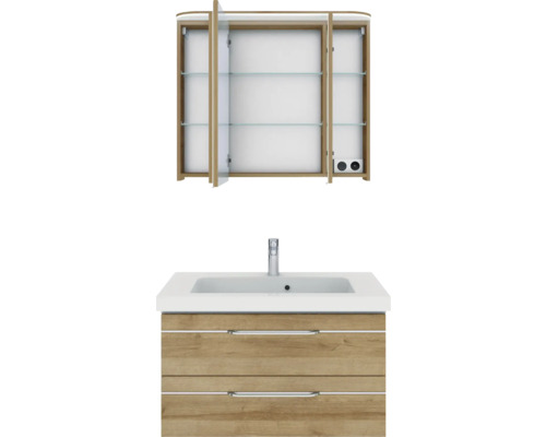 Pelipal Sunline 108 badkamermeubelset, BxHxD 92 x 200 x 50,8 cm, frontkleur: Riviera eiken, 3-delige badkamermeubelset met wastafel en badmeubel van wit mineraalmarmer, spiegelkast met LED-verlichting