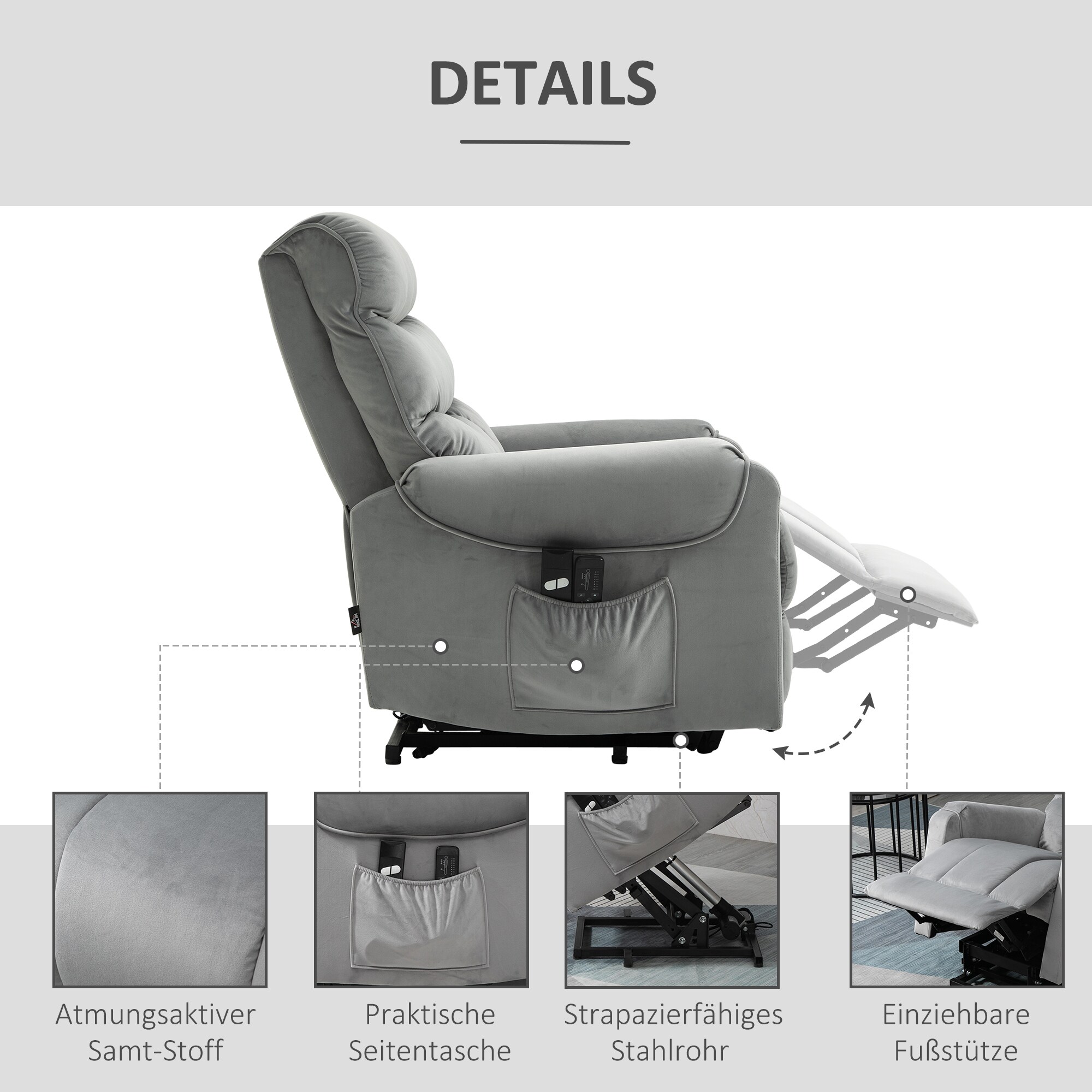 HOMCOM Massagesessel mit Aufstehhilfe und 2 Fernbedienungen grau 79B x 97T x 103H cm