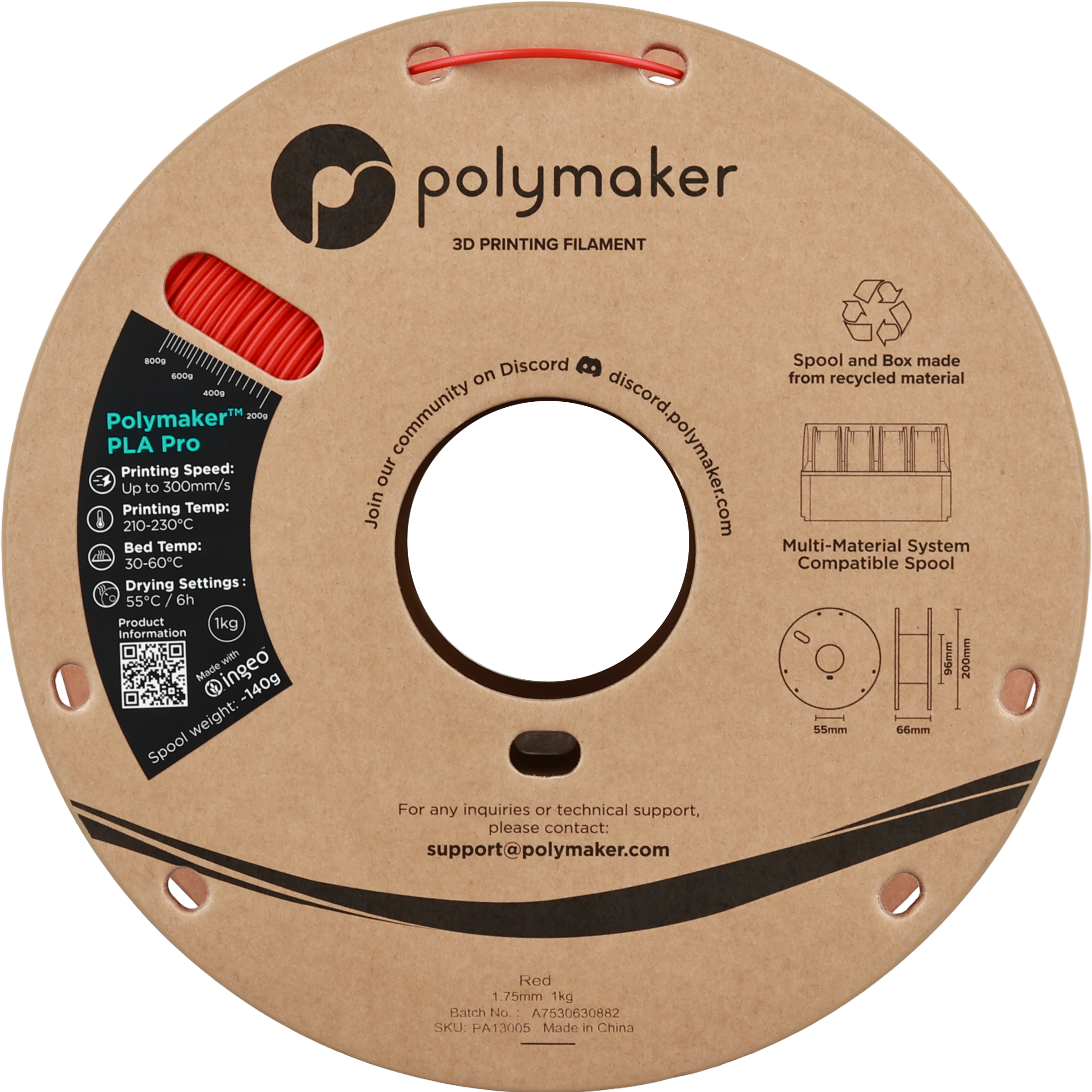 Polymaker  PLA Pro Red, 1,75 mm / 1000 g    Neue, verbesserte Formulierung: Hochleistungs-High Speed-PLA in Red
