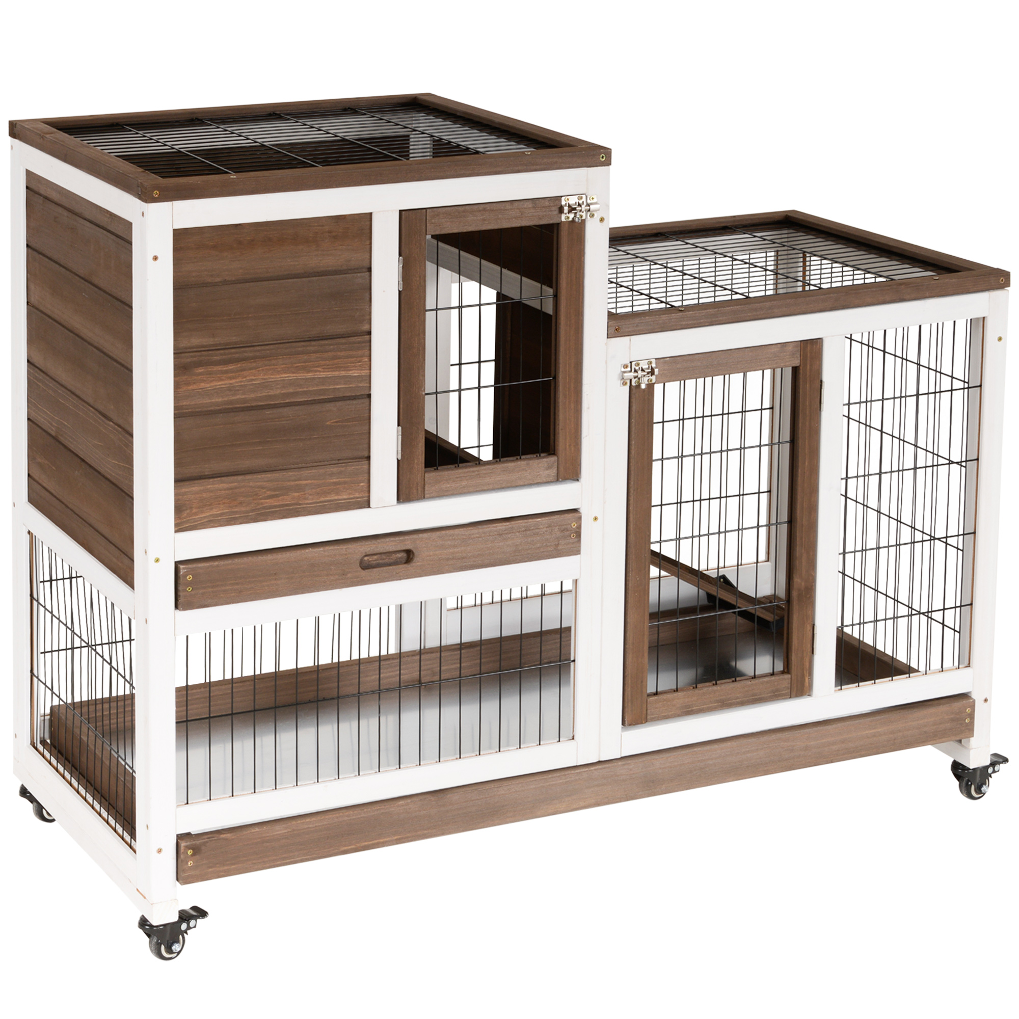 Gaiola de madeira para coelhos PawHut, com rodas, 2 andares, para coelhos de pequeno porte, com área aberta, rampa e 2 bandejas removíveis, 110x50x86 cm, marrom.