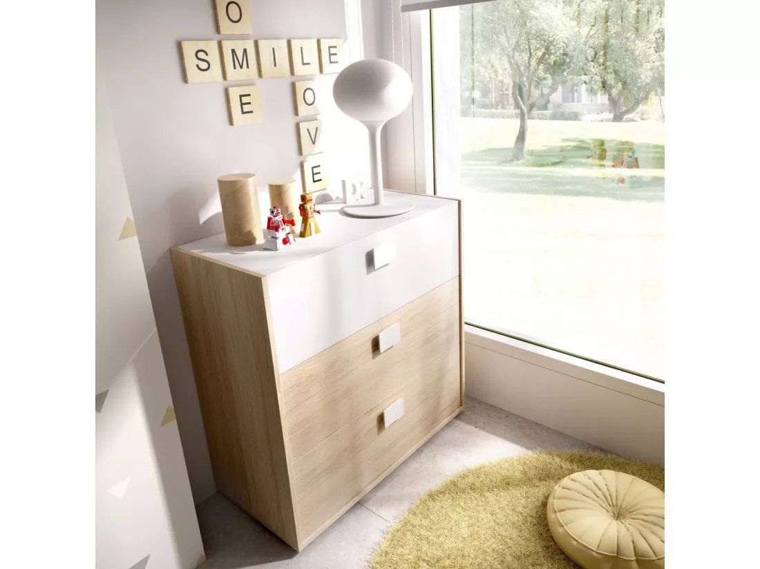 Commode Sella, Commode pour la chambre, Commode avec 3 tiroirs, 80x43h81 cm, Chêne et Blanc