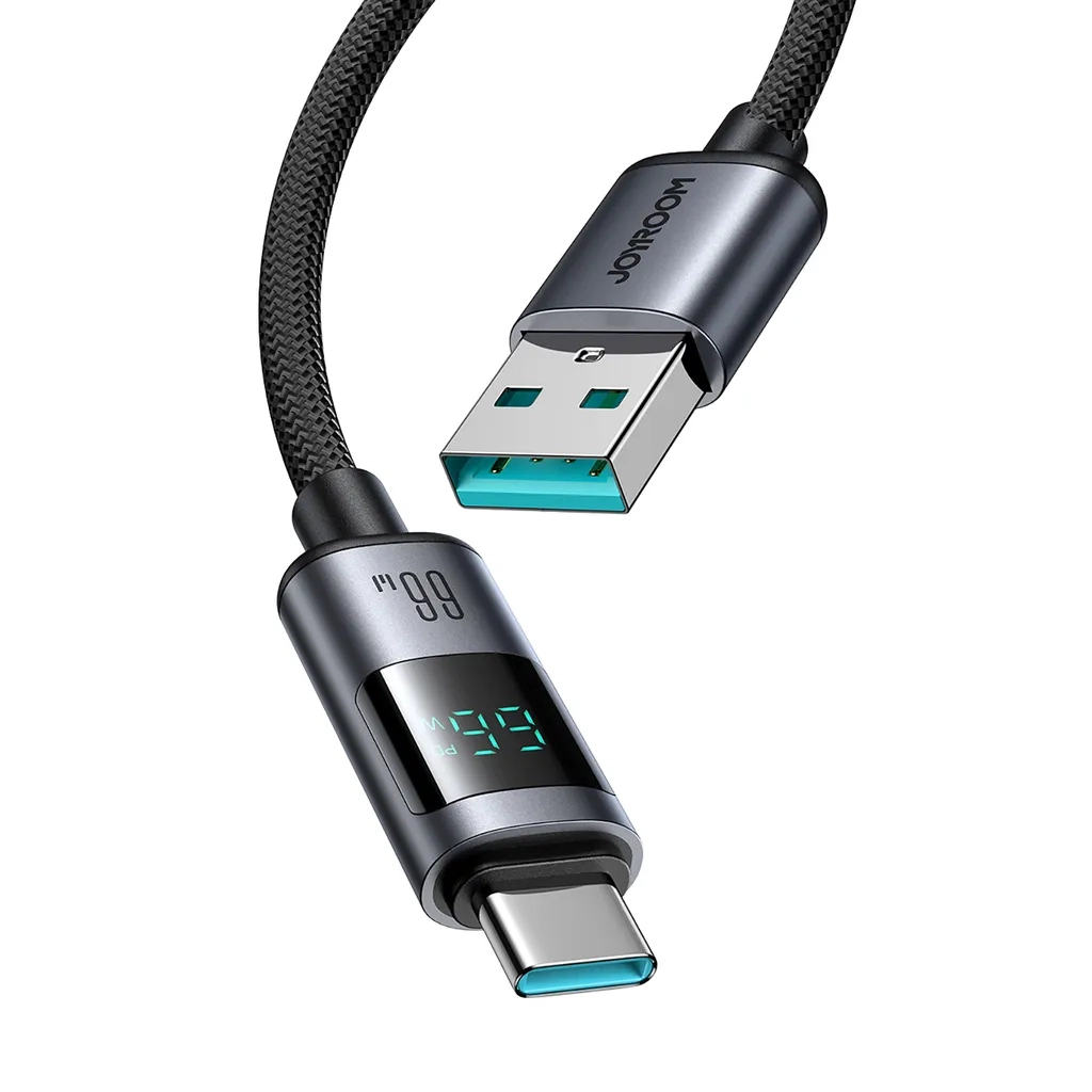 (1.2m) 66W USB A auf USB C Nylon Ladekabel Fast Charging PD Datenkabel mit Spannungs Anzeige - Schwarz