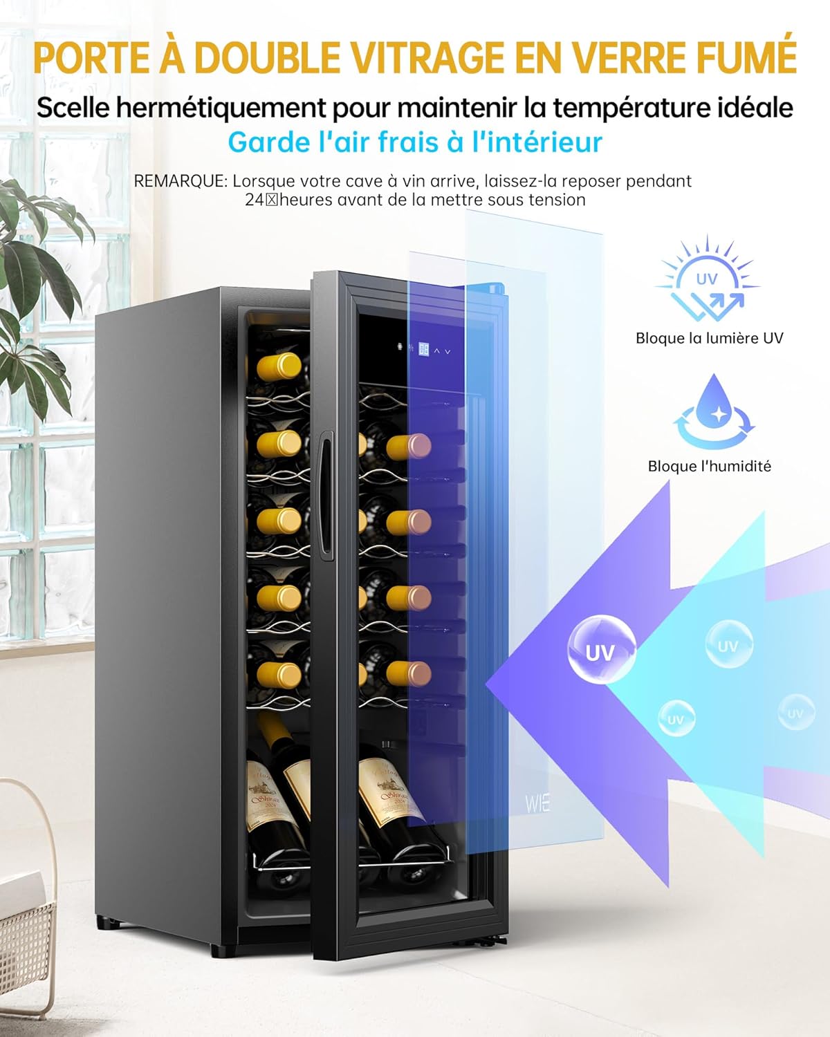 WIE Cave à Vin Réfrigérée 18 Bouteilles 53 Litres Réfrigérateur à Vin et Boisson Témpérature 5°C – 18°C Panneau Tactile
