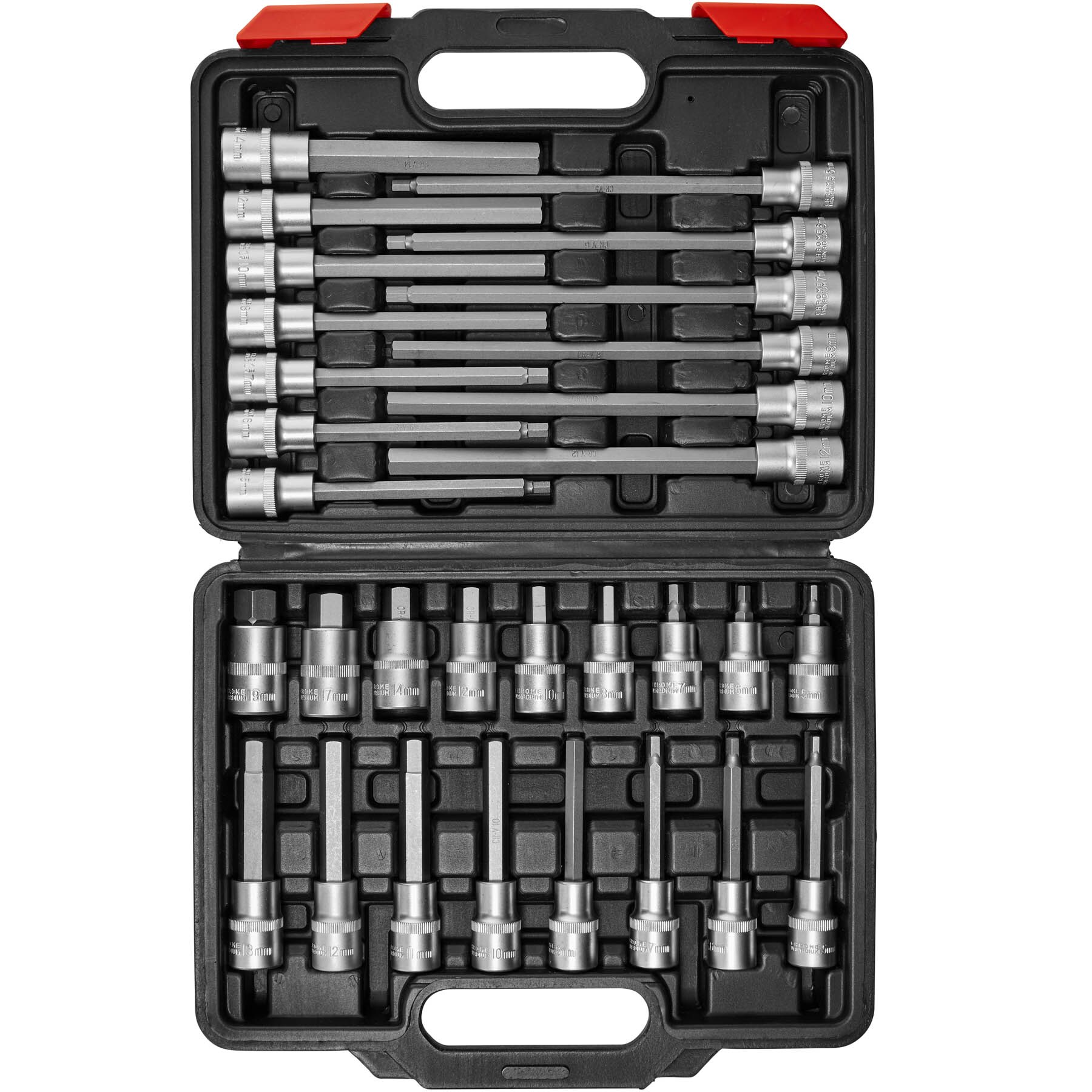 tectake® Innensechskant Steckschlüsselsatz, 30-teilig, 1/2 Zoll, mit Kodierung und Kugelfangrille, übersichtliche Anordnung im Kunststoffkoffer