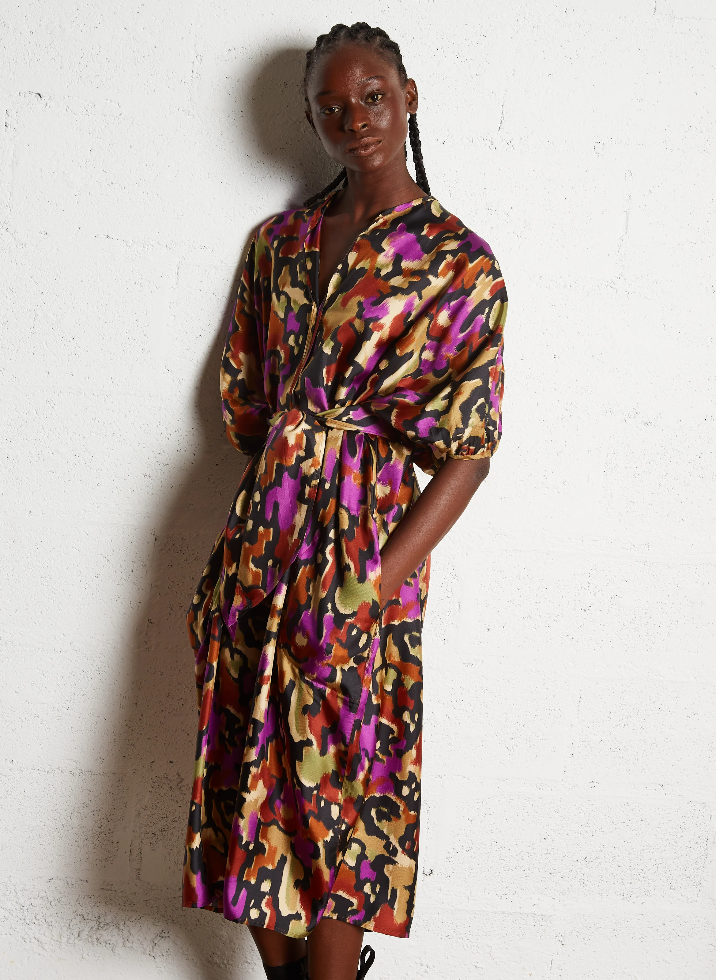 ALGER - Robe midi col V en soie | Multicolore