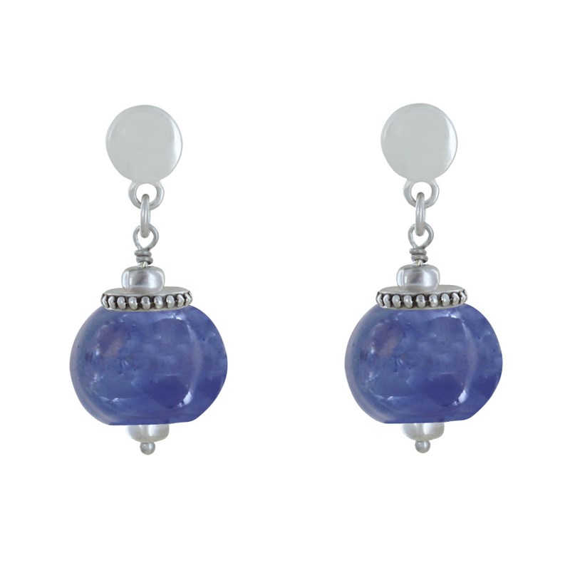 Boucles d'Oreilles Clous Métal Argenté et Grosses Perles en Céramique
