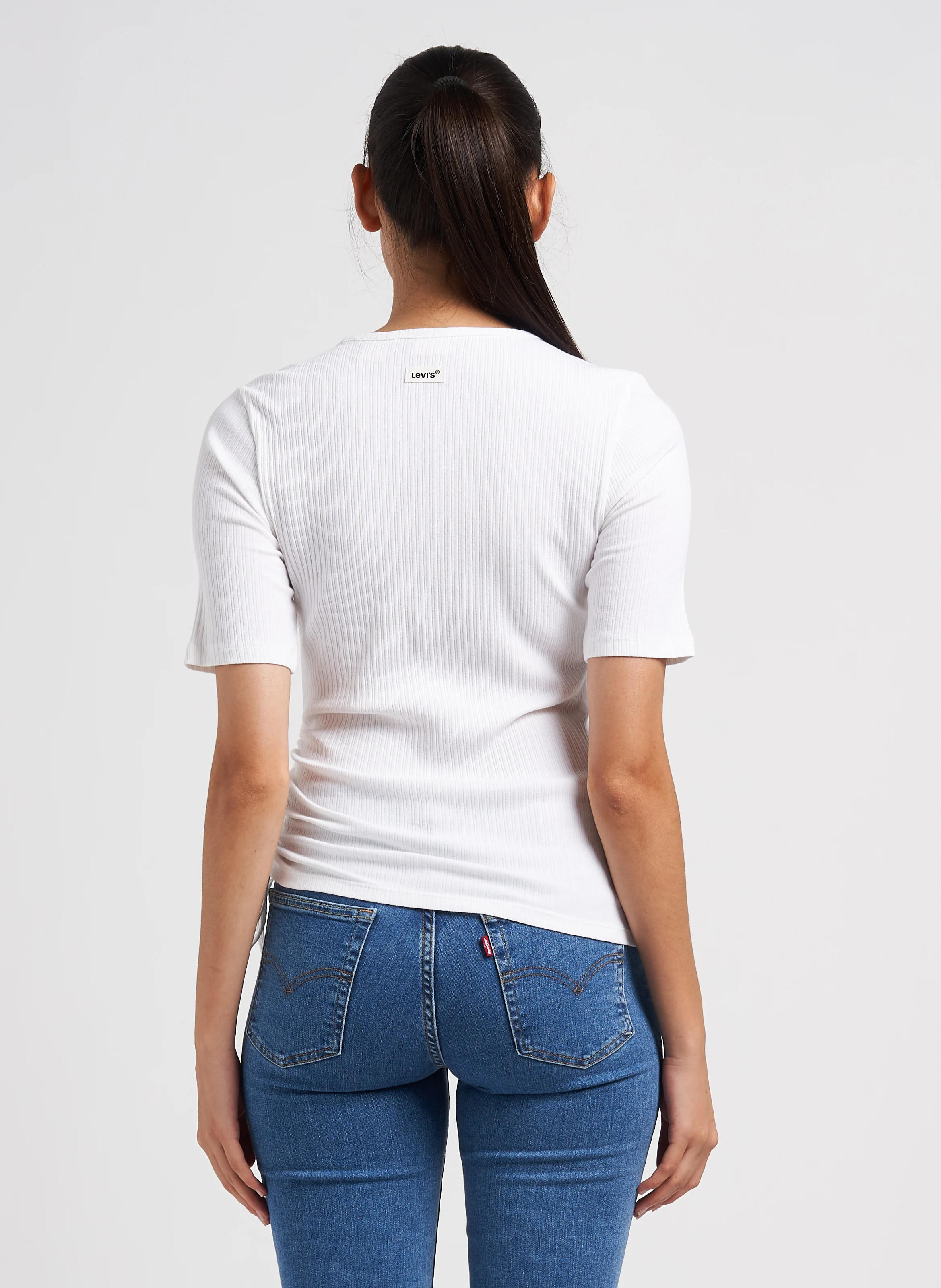 SIDE TIE SS - Top col rond côtelé en coton stretch| Beige