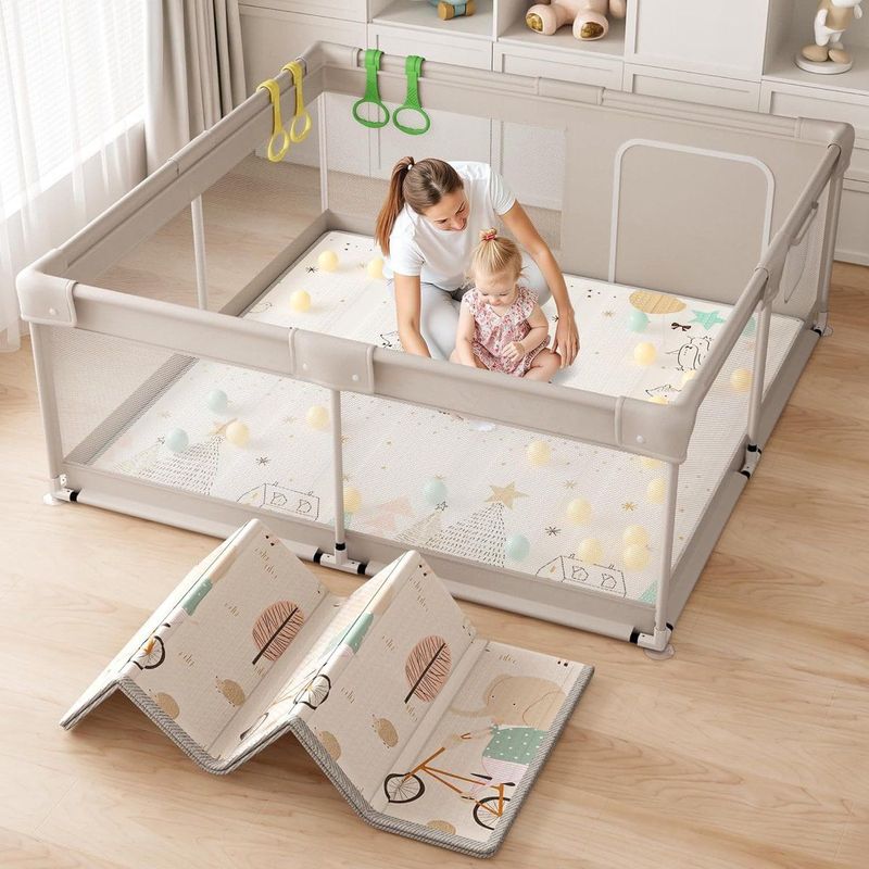 Babybox 150 x 150 cm, Kinderbox met opvouwbaar matje, XXL Peuterbox, met matras voor thuis (150 x 150 x 64 cm)