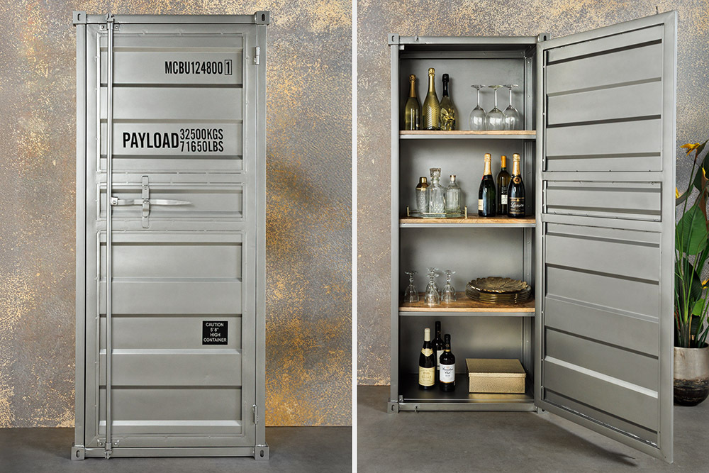 Design Aktenschrank GLOBETROTTER 180cm grau Eisen Container Upcycling Highboard